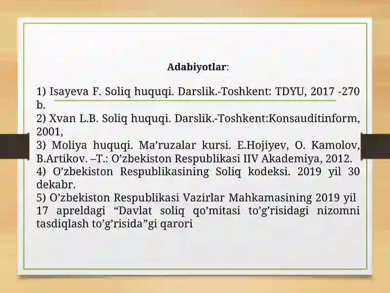 SOLIQ SOLISHNING SODDALASHTIRILGAN TIZIMI VASOLIQ TO'LOVCHILARNING AYRIM TOIFALARIGA SOLIQ SOLISHNINGO'ZIGA XOS XUSUSIYATLARI 3