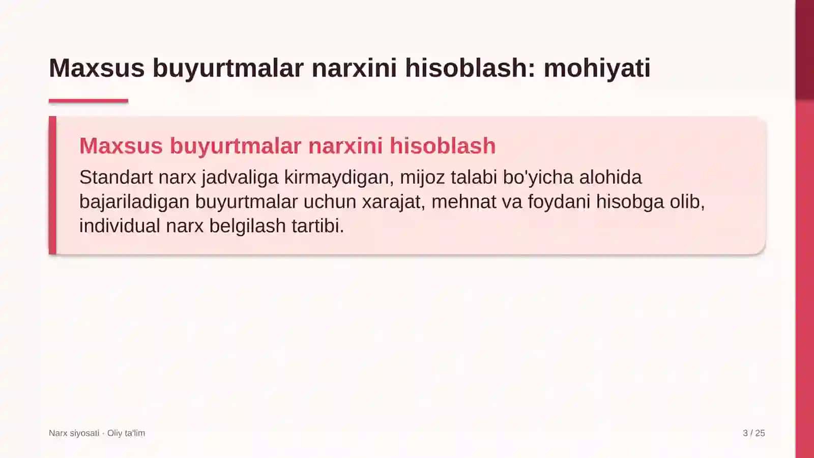g'allachilikda maxsus buyurtmalar narxini hisoblash 3121 3