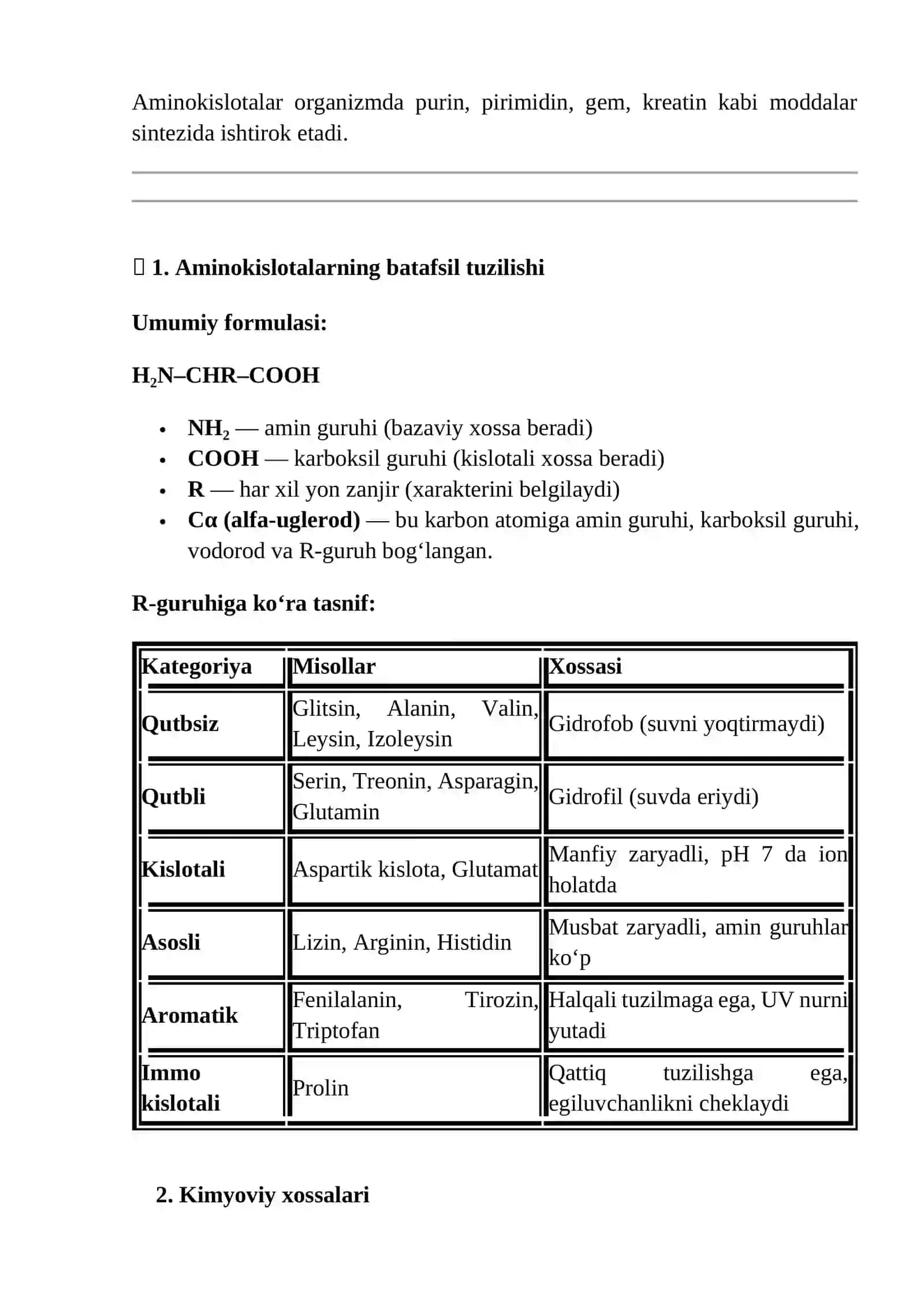 Aminokislotalar tuzulishi, xossalari va biologik vazifalari 3