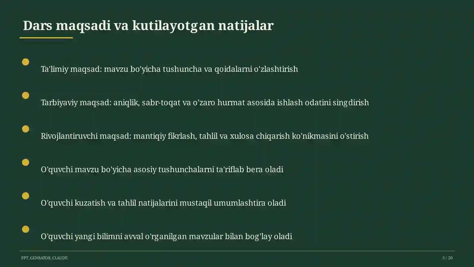 Sinf soati va tarbiyaviy tadbirlar (1– 11) — ochiq dars uchun 3