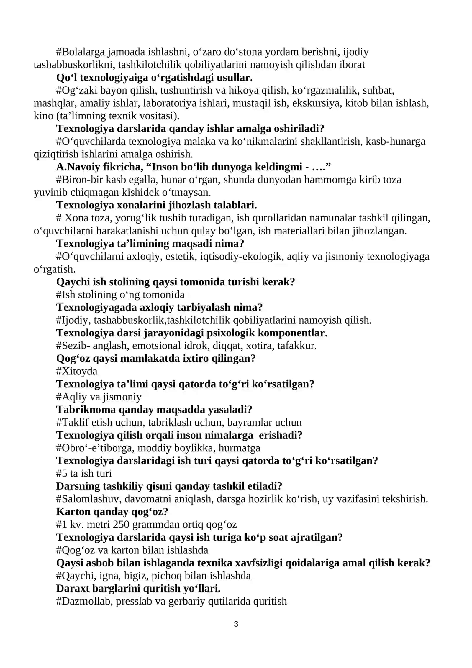 Texnologiya O‘qitish Metodikasi Test Savollari 3