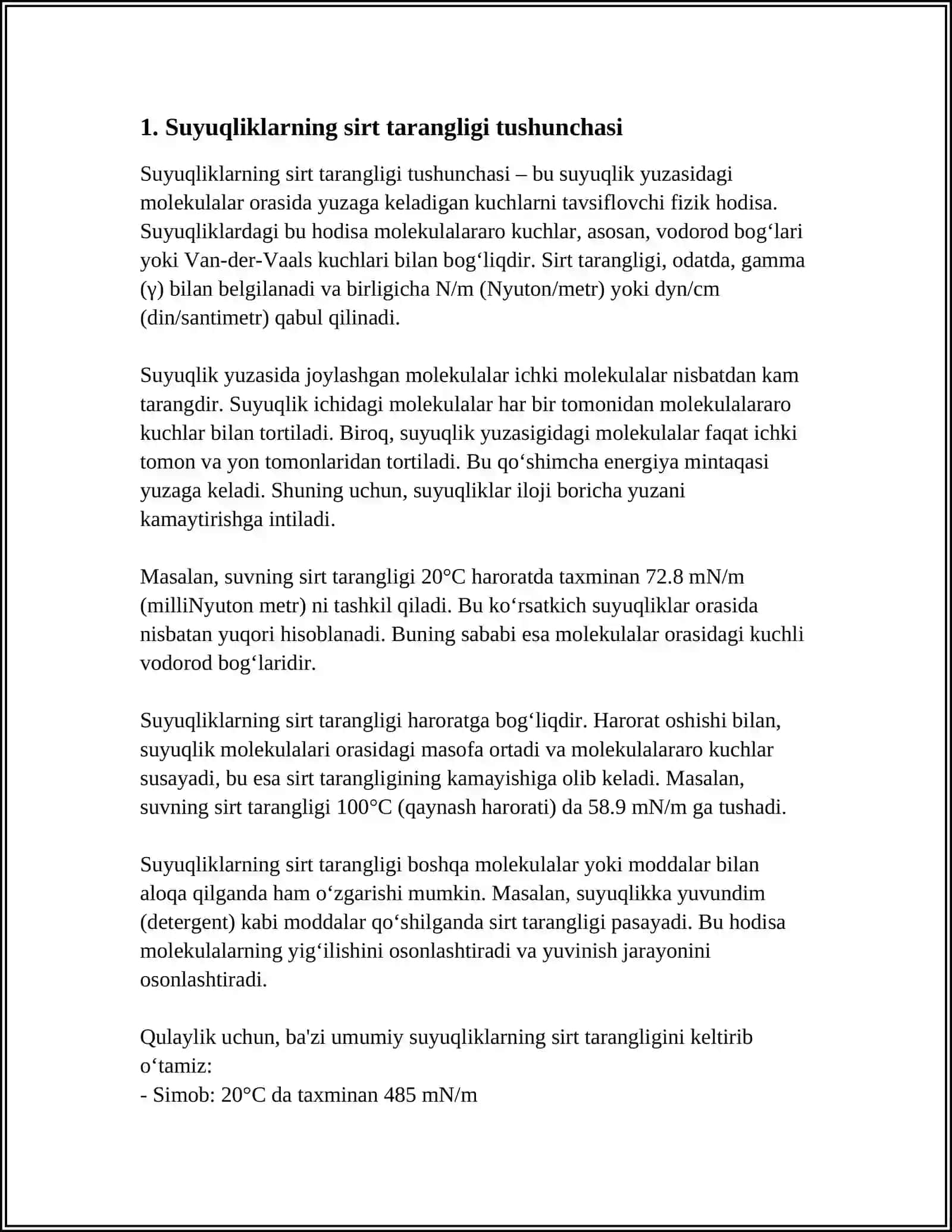 MUSTAQIL ISH Mavzu: SUYUQLIKLARDA SIRT TARANGLIK HODISASI 3