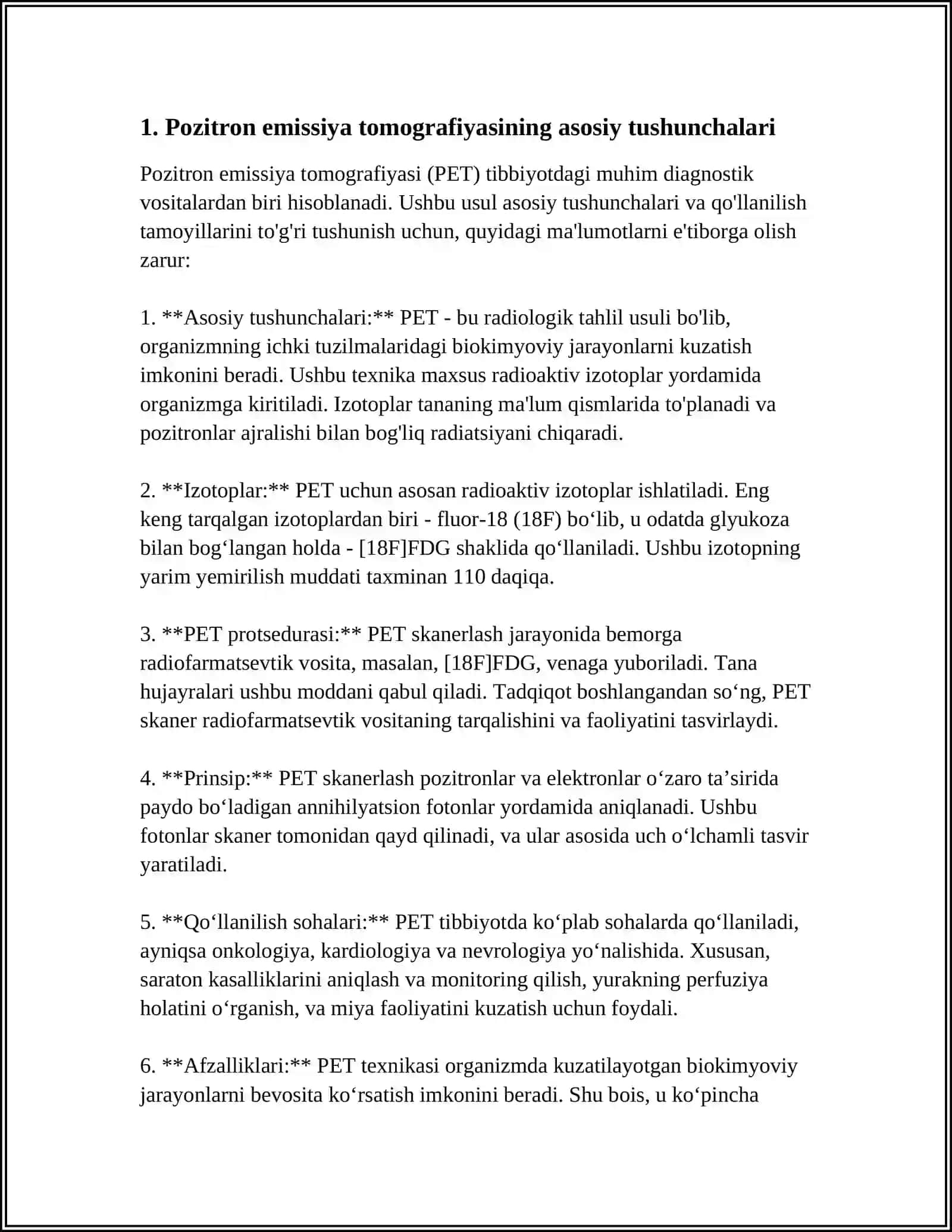 MUSTAQIL ISH Mavzu: POZITRON EMMISION TOMOGRAFIYANING ISHLASH PRINSIPI 3