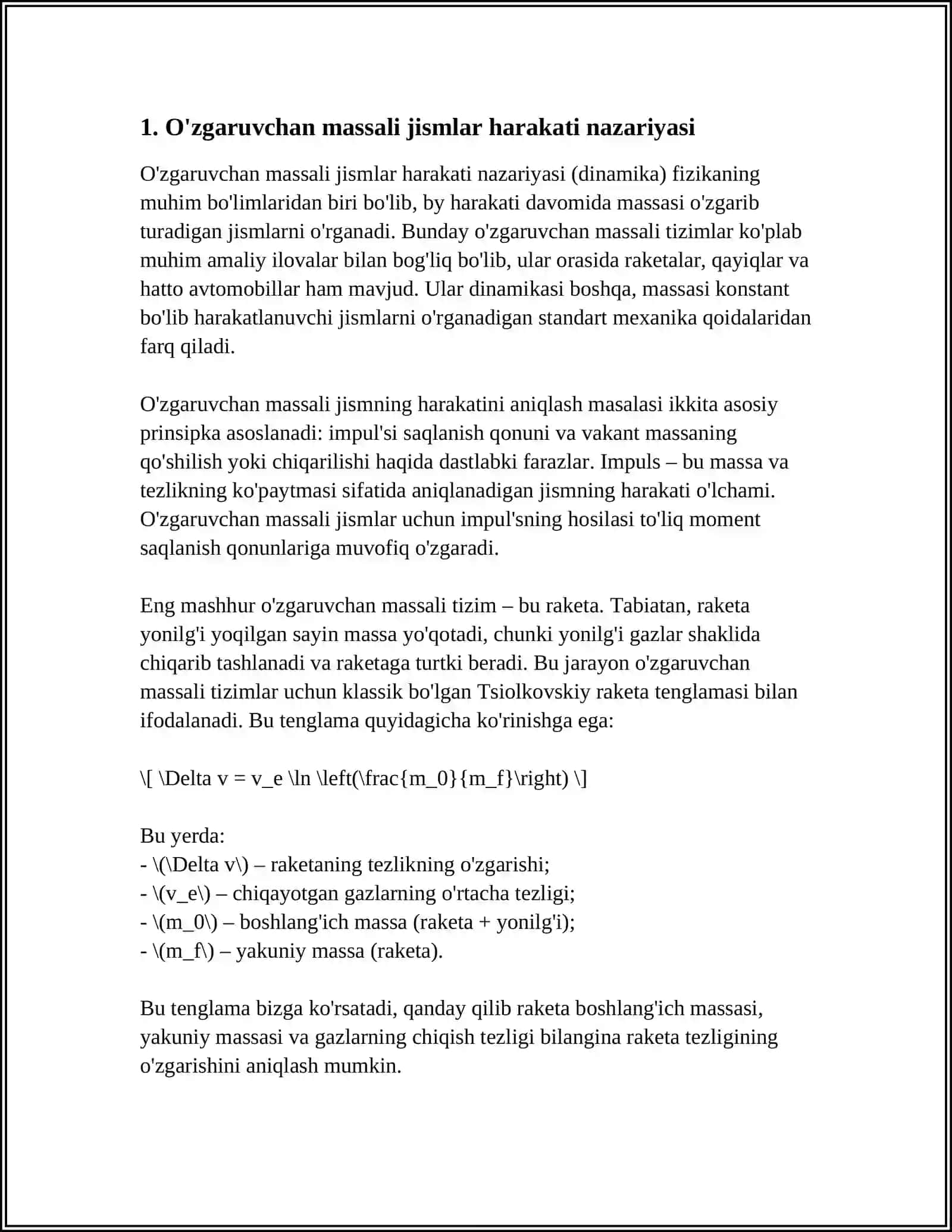 O'zgaruvchan massali jismlarning harakati. Reaktiv harakat 3