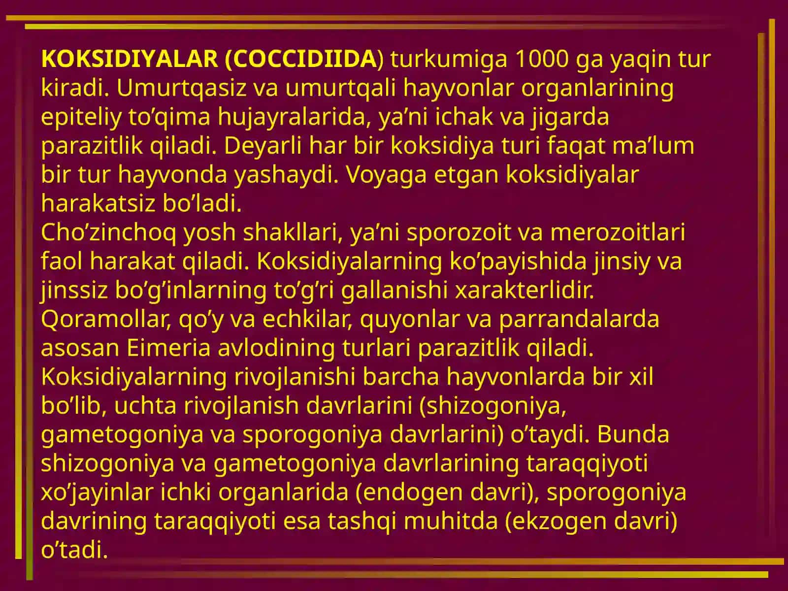 Parazit bir hujayralilardan: koksidiyalar, Sporalilar.bezgak plazmodiylari.toksoplazma, bezgak paraziti va balantidiylarning tuzulishi va rivojlanishi 3