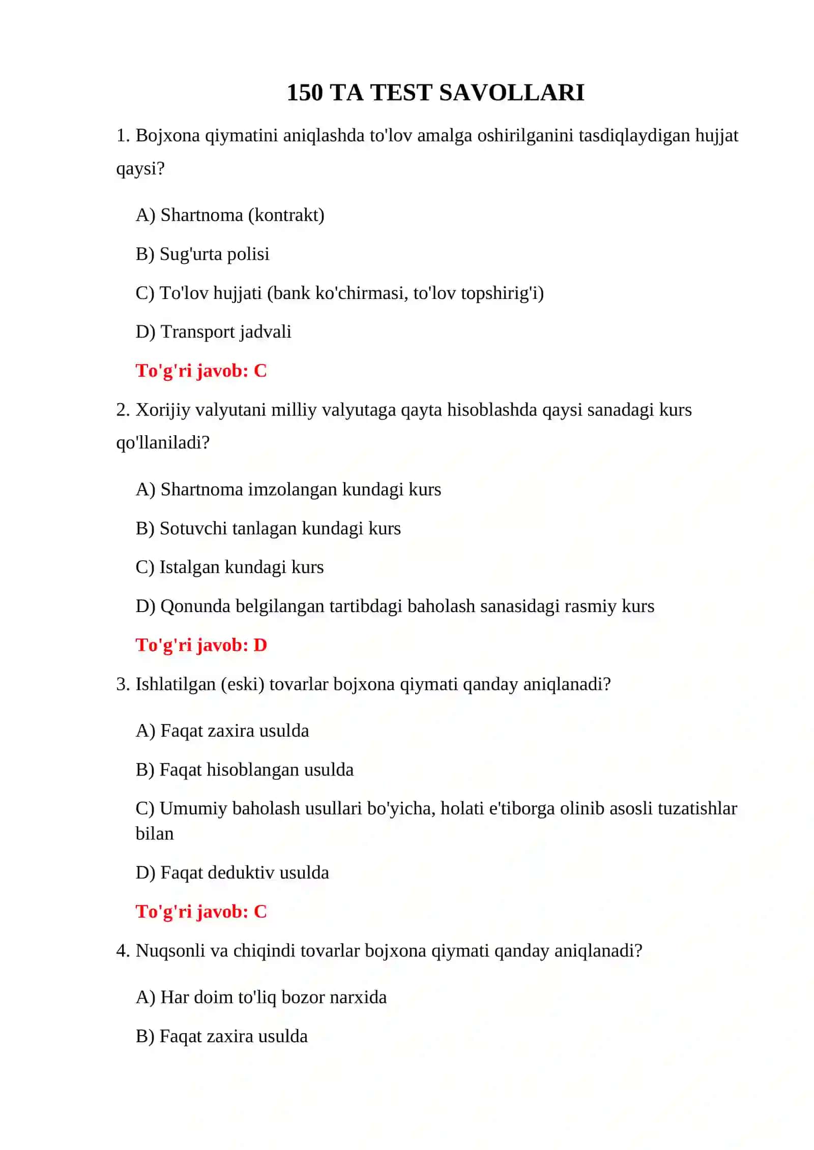 BOJXONA TESTLARI VA JAVOBLARI 3