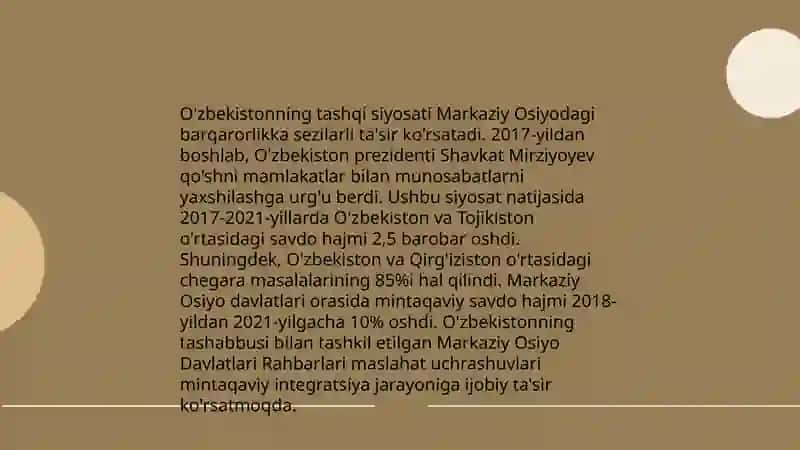 O'zbekistonning Markaziy Osiyoda tinchlik va barqarorlikni ta'minlashdagi o'rni 3