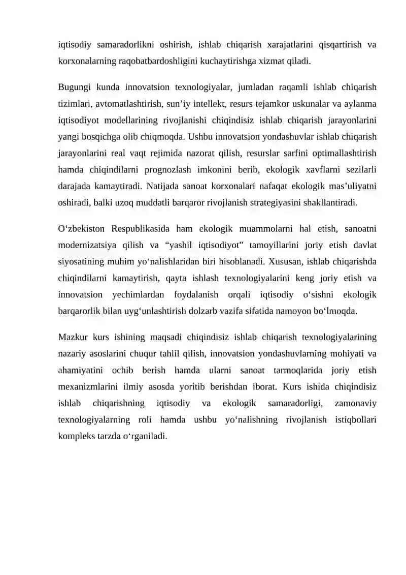 CHIQINDISIZ ISHLAB CHIQARISH TEXNOLOGIYALARI: INNOVATSION YONDASHUVLAR 3