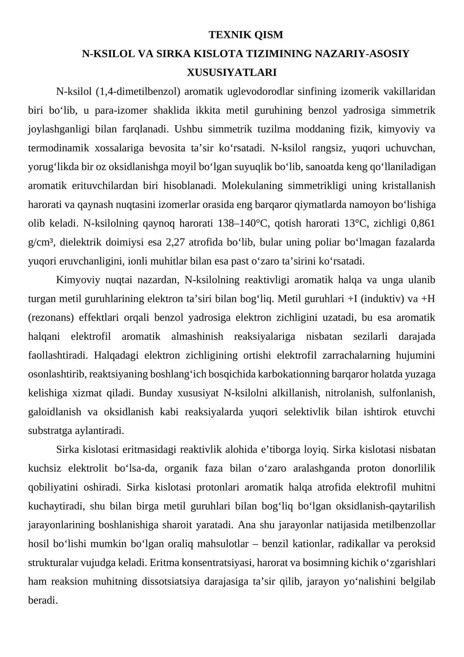 N-ksiloldan sirka kislota eritmasida metilbenzollar olish 3