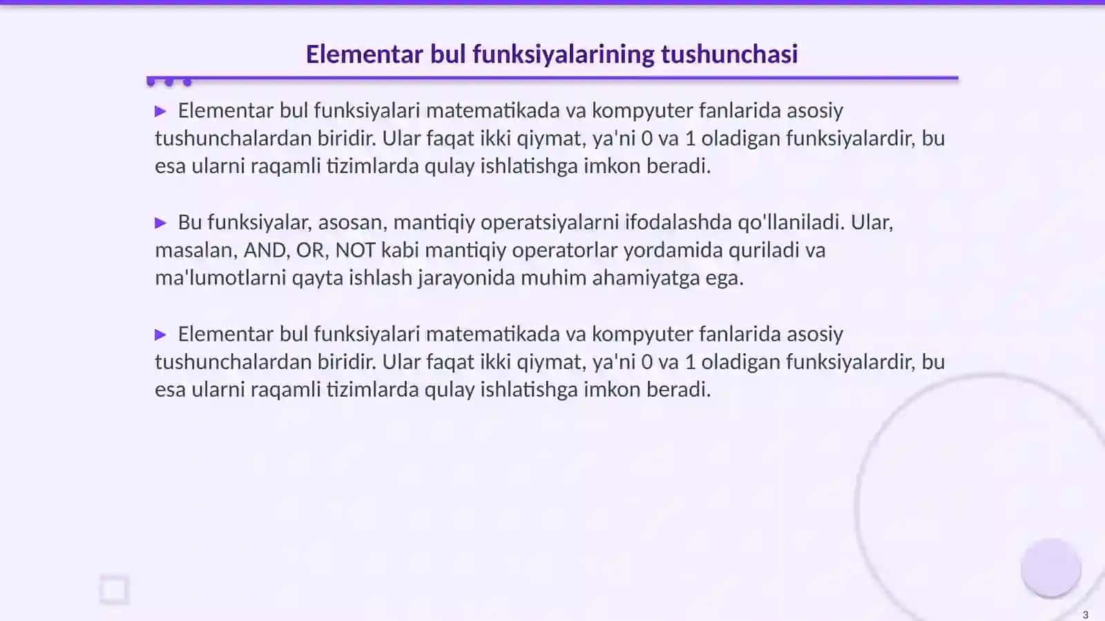 Elementar bul funksiyalari 3