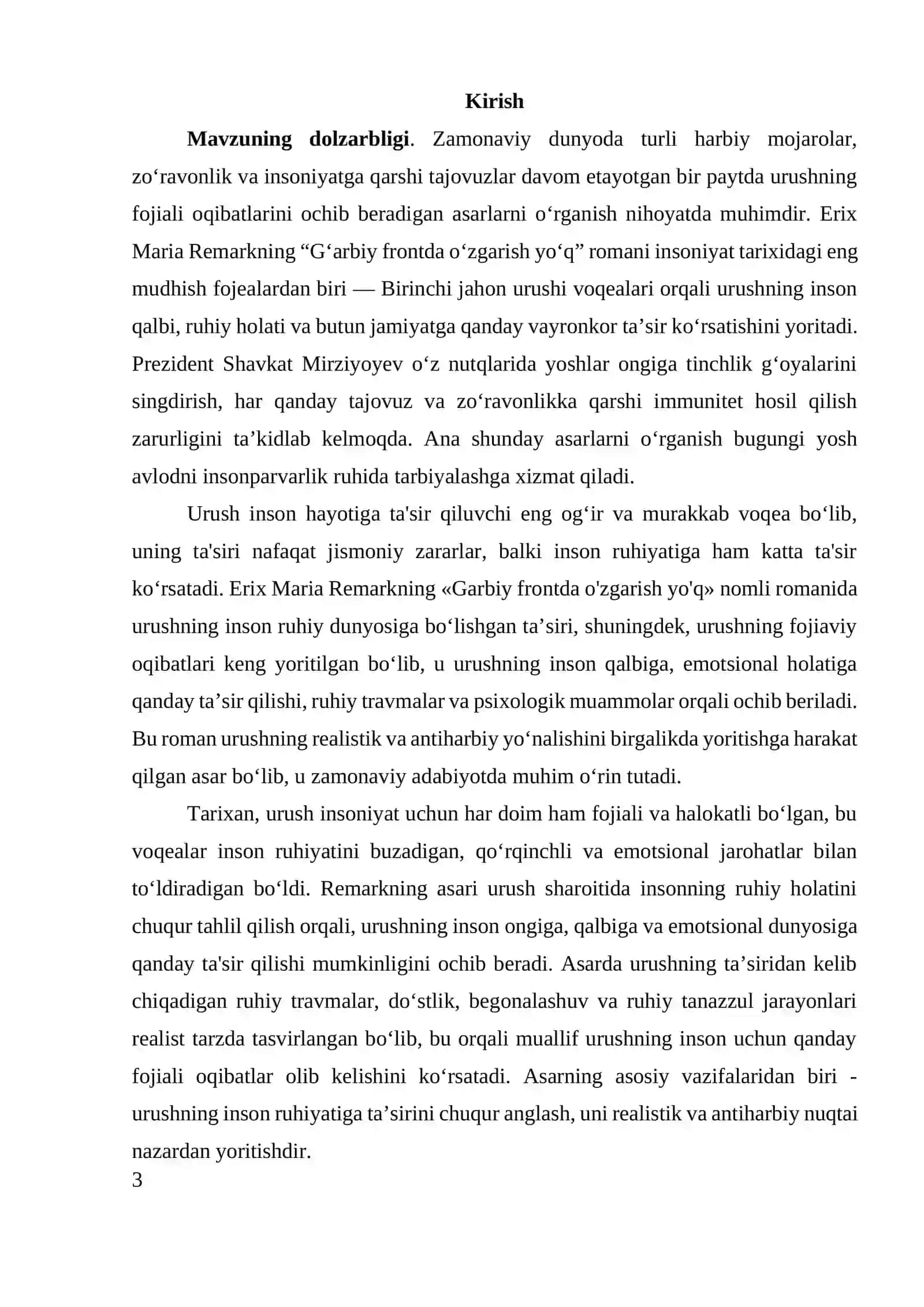 MAVZU: ERIX MARIA REMARKNING “G’ARBIY FRONTDA O’ZGARISH YO’Q” ANTIHARBIY VA REALISTIK ROMANIDA URUSHNING INSON RUHIY DUNYOSIGA KO‘RSATGAN TA’SIRI VA URUSHNING FOJIAVIY OQIBATLARI 3