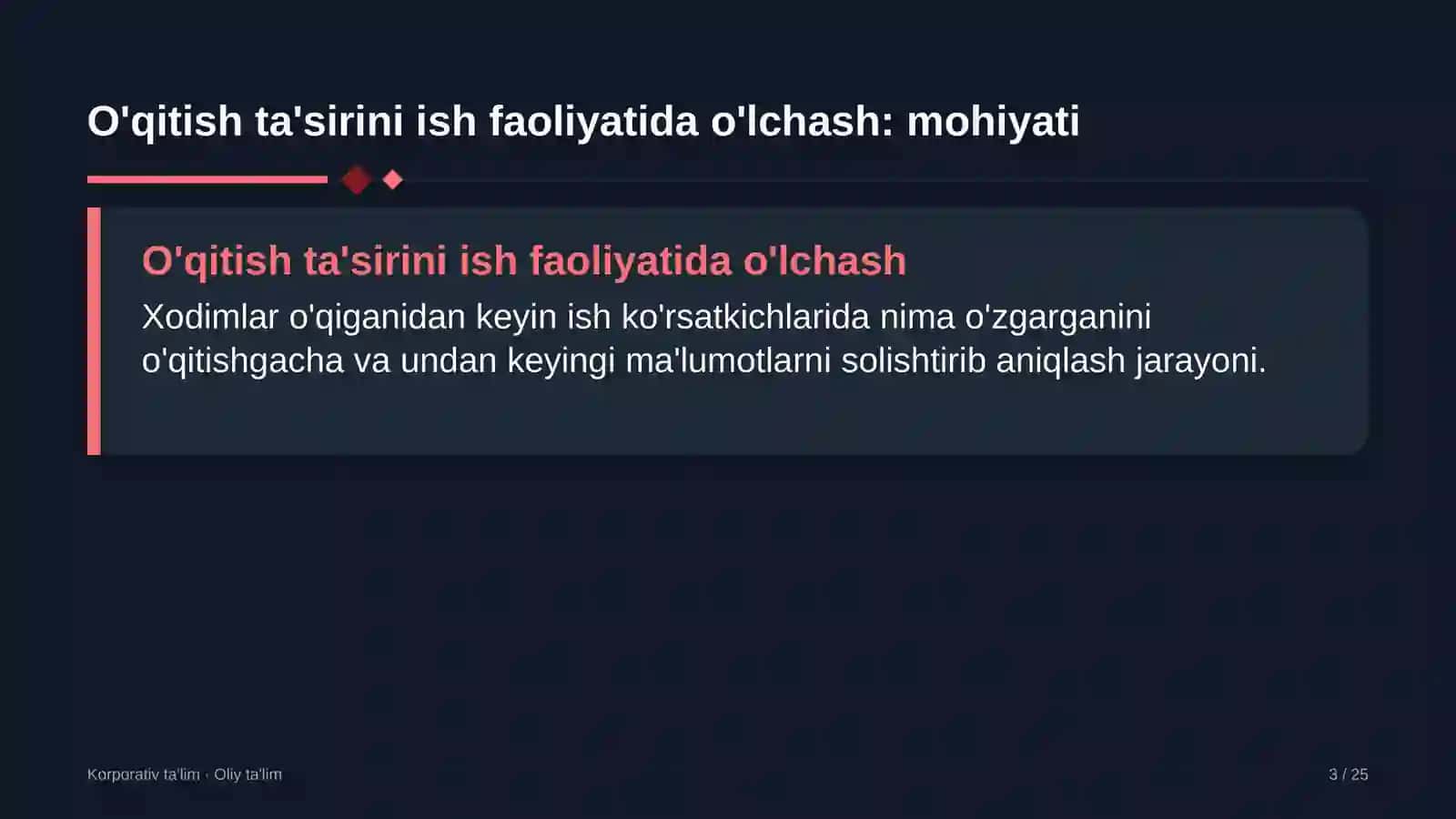 byudjet tashkilotlarida o'qitish natijalarini ish faoliyatiga ta'sirini o'lchash 8678 3