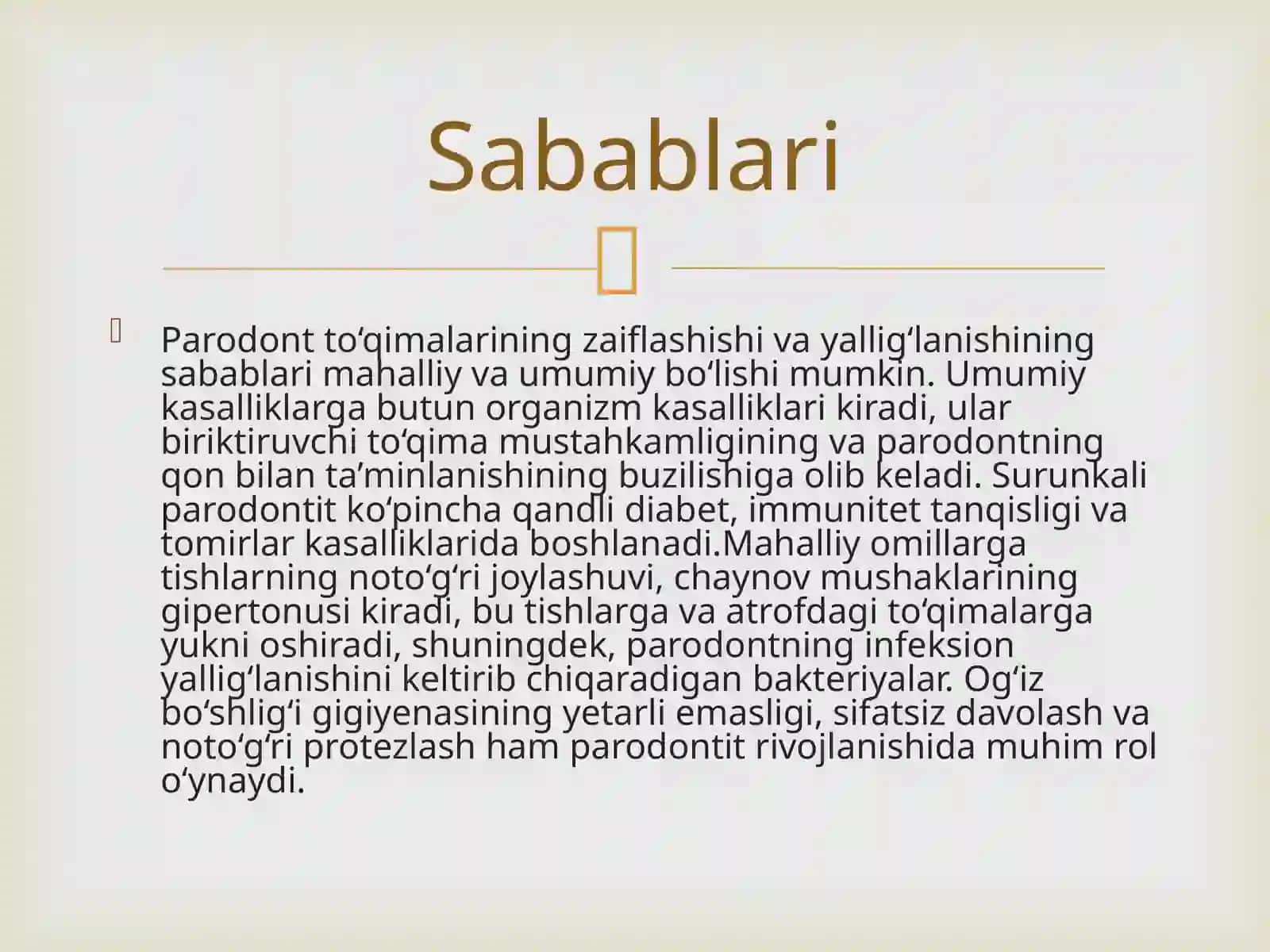 Parodontit. Yengil shakli. Klinikasi,diagnostikasi,  qiyosiy tashxisi. Kasallik tarixini yozish. 3