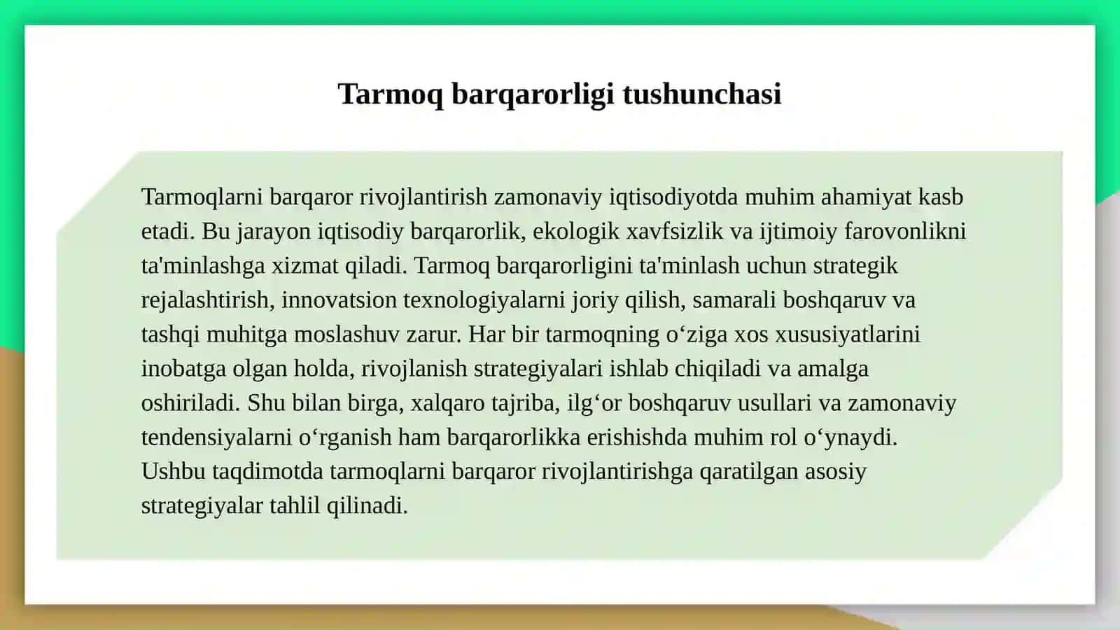 Tarmoqlarni barqaror rivojlantirish uchun amalga oshiriladigan strategiyalarni tahlil qilish 3