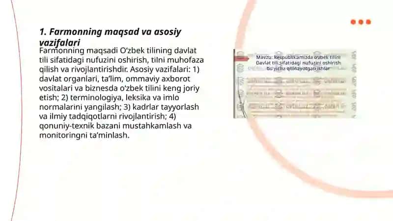 O'zbekiston Respublikasi Prezidentining "O'zbek tilining davlat tili sifatidagi nufuzi va mavqeyini tubdan oshirish chora tadbirlari to'g'risida"gi Farmoni, mazmun-mohiyati 3