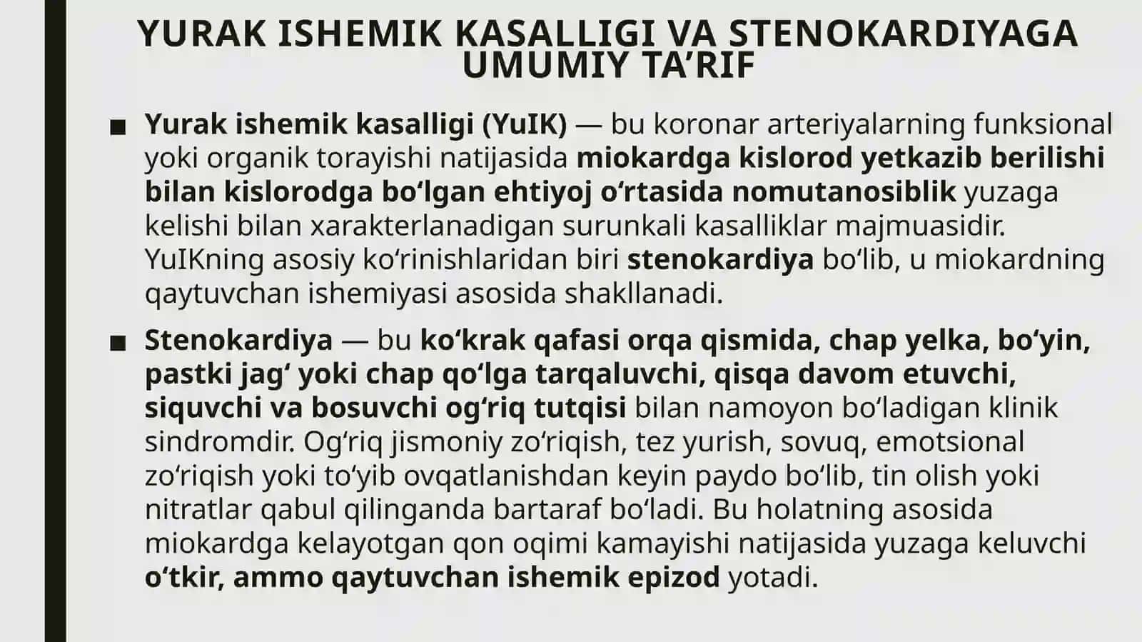 YuIK. Stenokardiya.Etiologiya, patogenez, klassifikatsiya, klinika, diagnostika, asoratlar, davolash 3