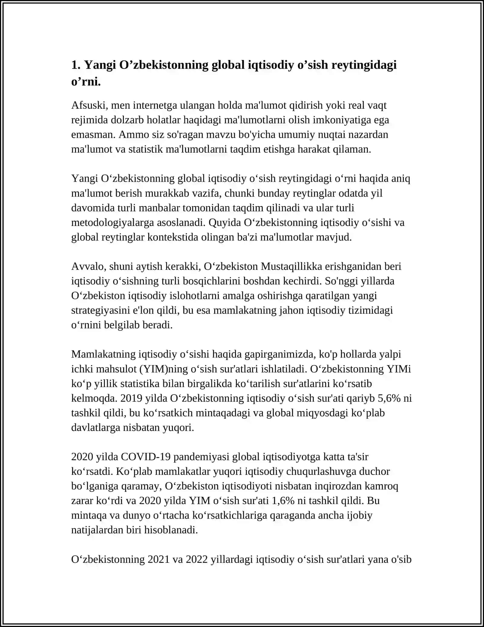 YANGI O’ZBEKISTON IJTIMOIY-SIYOSIY IQTISODIY VA MADANIY HAYOTIDA RO’Y BERAYOTGAN O’ZGARISHLARNING XALQARO REYTING VA INDEKSLARDA AKS ETISHI 3