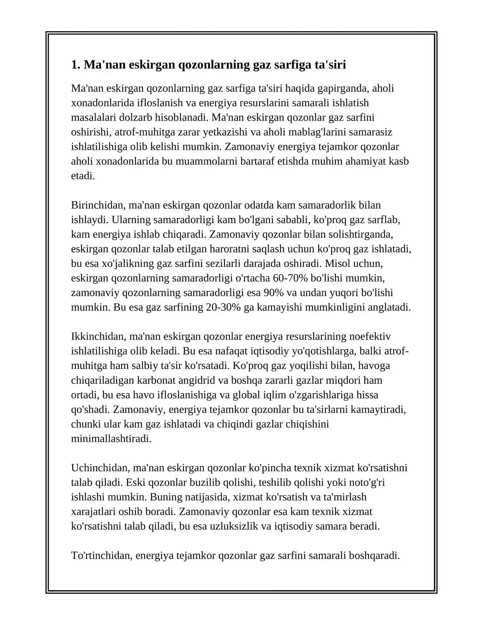 AHOLI HONODONLARIDAGI MA'NAN ESKIRGAN QOZONLAR ORNIGA ENERGIYA TEJAMKOR QOZONLAR O'RNATISH ORQALI GAZ SARFINI TEJASH 3
