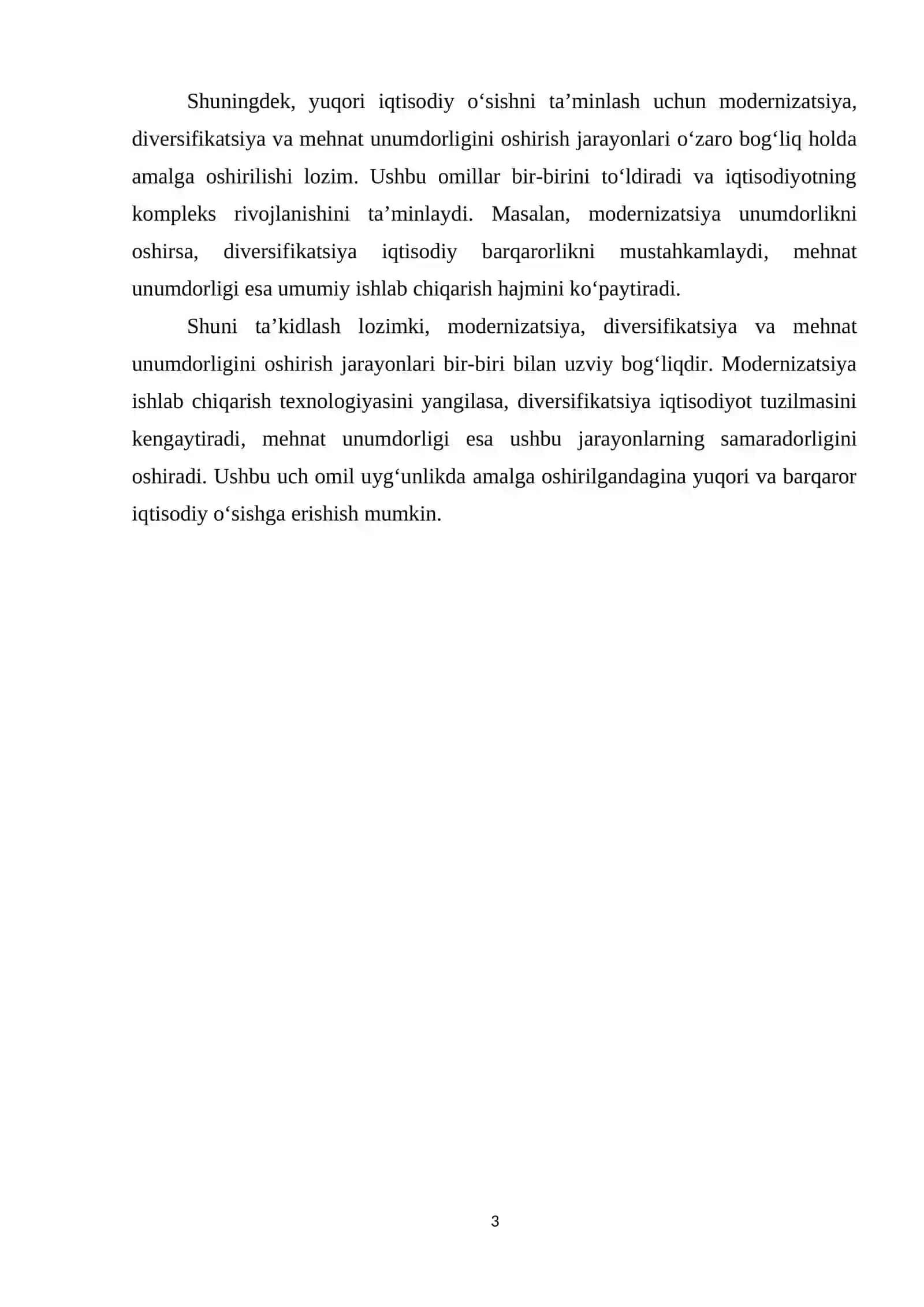 Iqtisodiyotni modernizatsiya va diversifikatsiya qilish, mehnat unumdorligini oshirish orqali yuqori iqtisodiy oʻsishni taminlash omillari 3