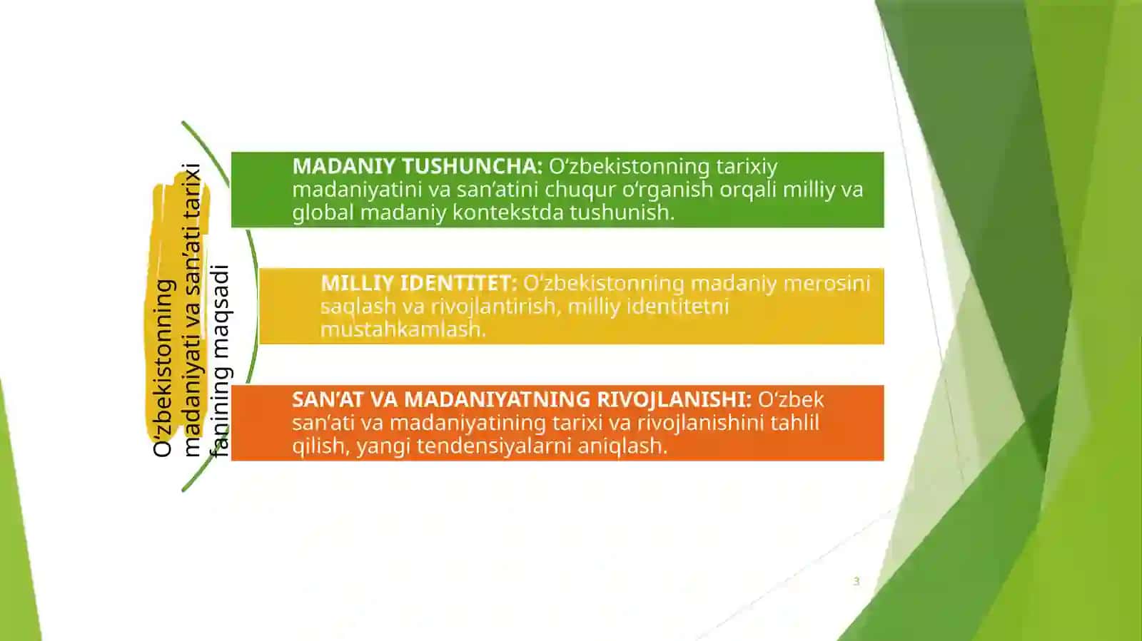 KIRISH. O‘ZBEKISTONNING MADANIYATI VA SAN’ATI TARIXI FANINING MAQSADI VA VAZIFALARI. (2) 3