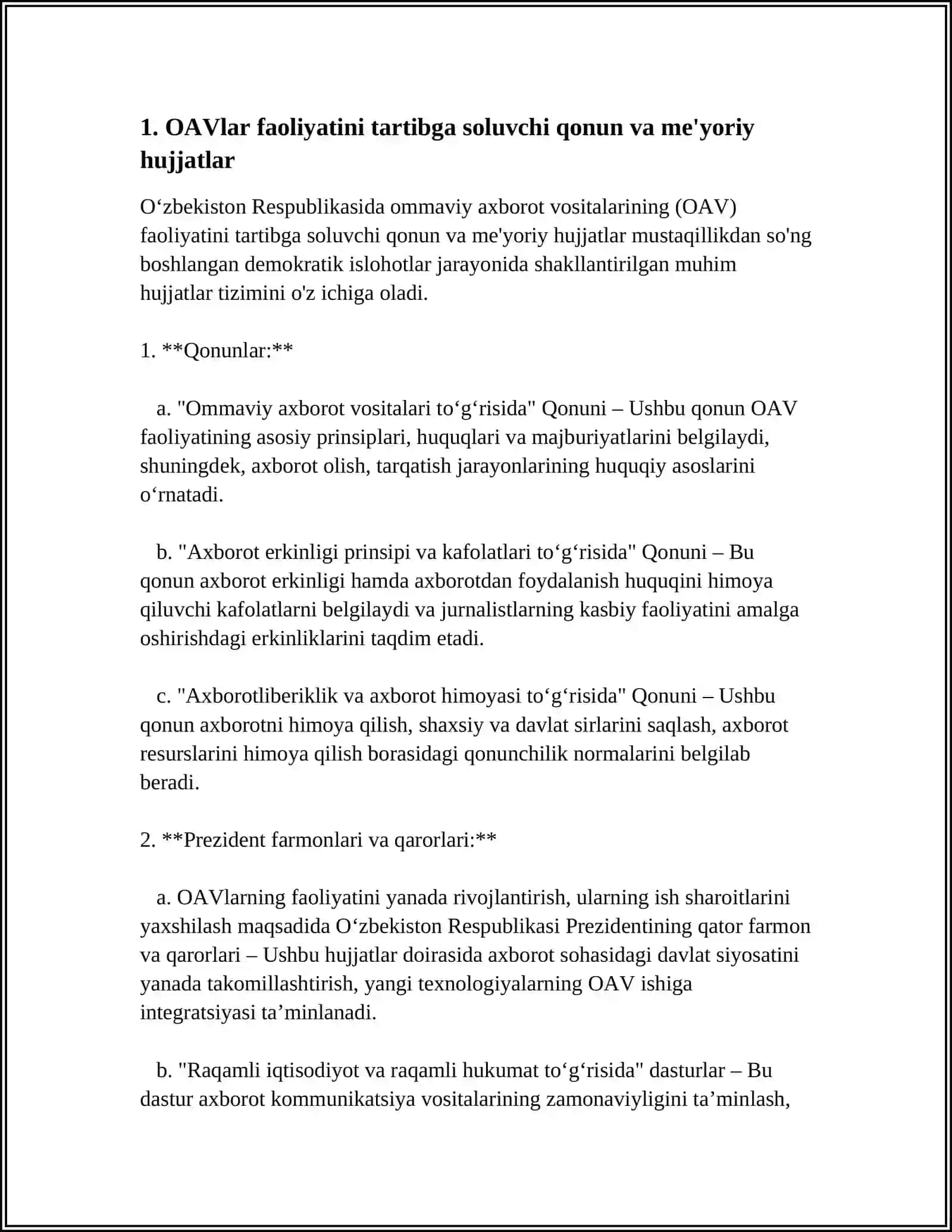 OAVlar faoliyatini tartibga soluvchi qonun va me'yoriy hujjatlar 3