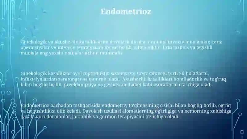 Akusher va gnikalogiyada kelib chiqadigan kasalliklar va davolash usullari 3