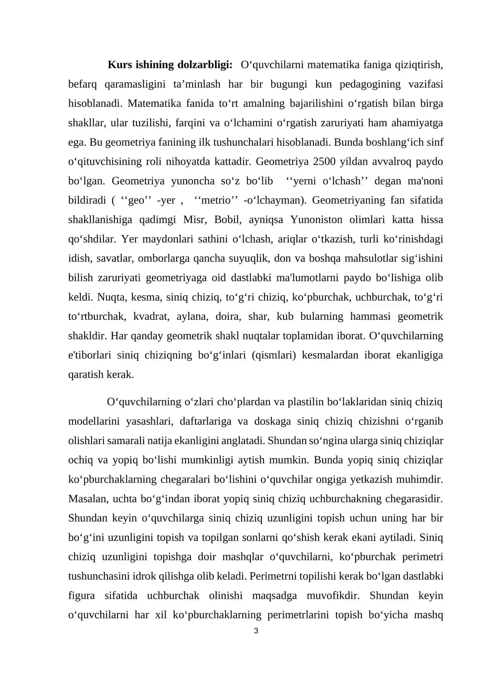 BOSHLANG’ICH SINFDA GEOMETIRIK MATERIALNI O’RGANISH METODIKASI (1-SINF MISOLIDA). KURS ISHI 3
