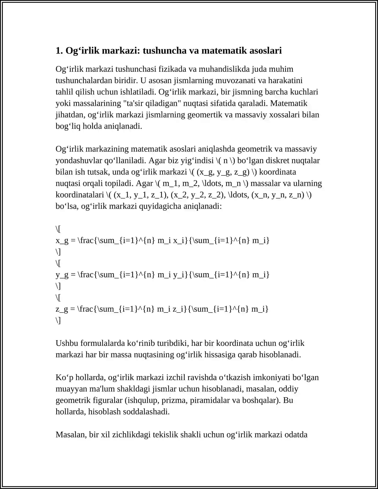 Og‘irlik markazi: tushuncha va matematik asoslari 3