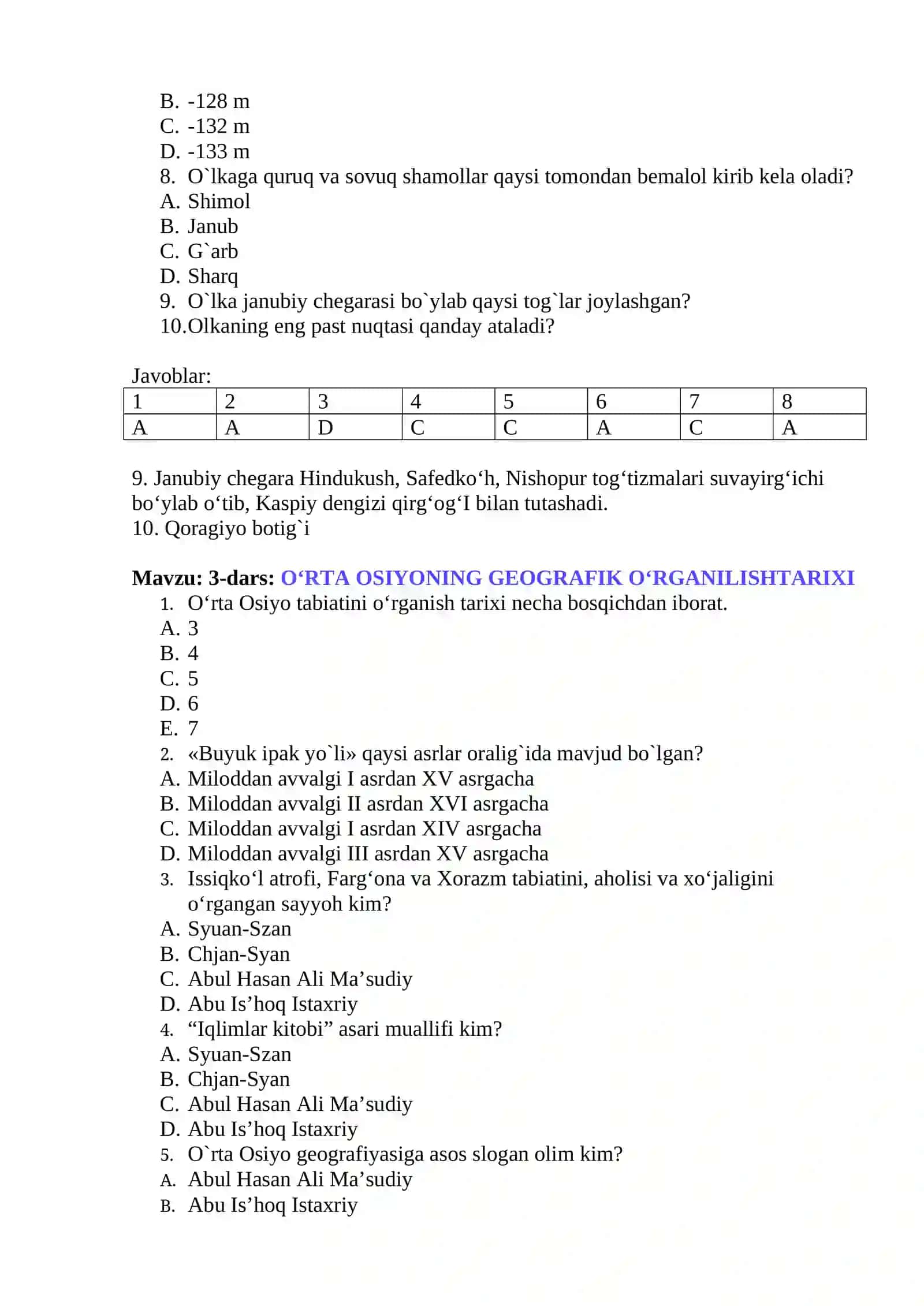7-sinf Geografiya fanidan mavzular bo’yicha testlar to’plami 3