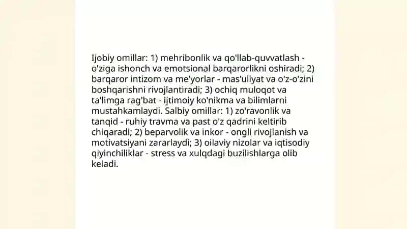 Shaxsning rivojlanishi uchun ta'sir etuvchi ijobiy va salbiy omillar 3