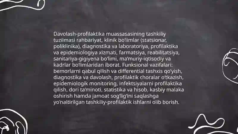 Davolash profilaktik muassasalari faoliyati, davolovchi- himoyalovchi, sanitar-epidemiyaga qarshi ish tartiblari. Nisbatan ko‘p tarqalgan kasalliklar bilan bemorlarni qabul qilish va davolanayotgan bemorlarni differensial tarzda parvarish qilish. 3