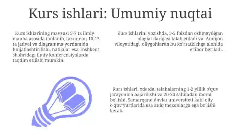 Kurs ishi, bitiruv malakaviy ishlar magistirlik va doktorlik dissertasiyalari, o’quv qo’llanma 3