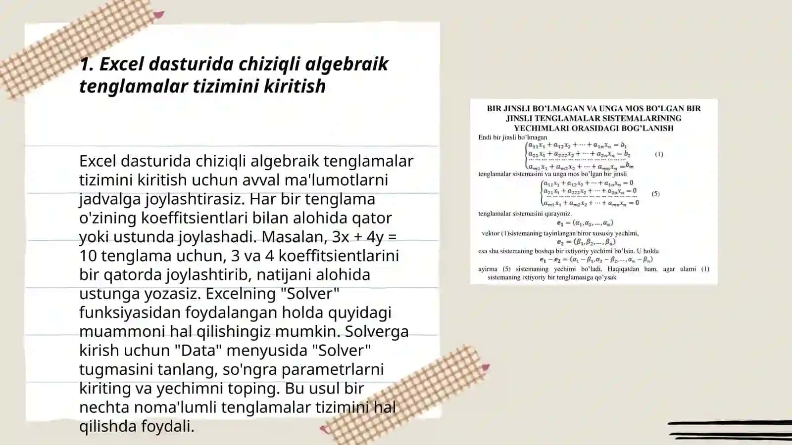 MS Excel dasturi clektron jadvalida chizigli algebraik tenglamalar sistemasini Aktamov Shahzod 3