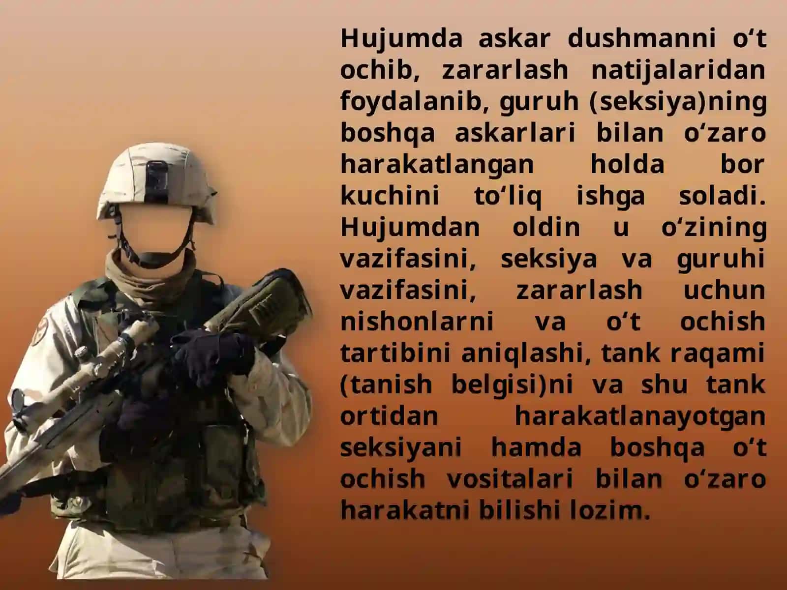 Pozitsiyagayorib kirgan dushmanni yo‘q qilish Askarning tungi hujumdagi harakati va suv to‘siqlaridan o‘tishi 3
