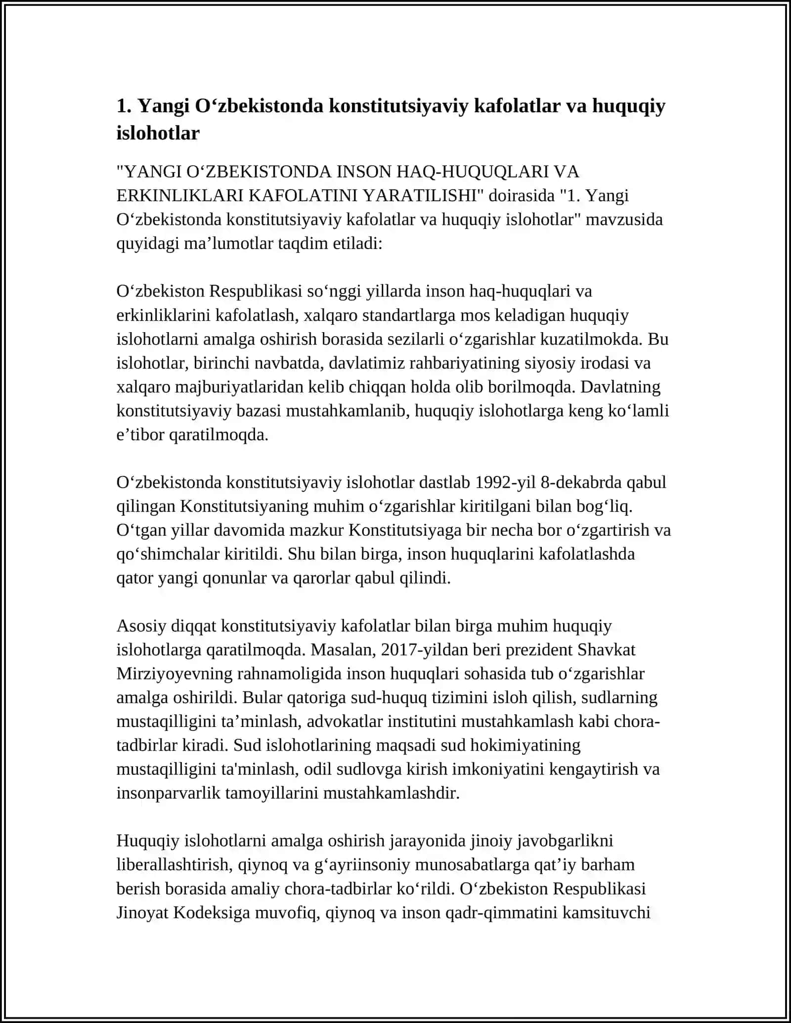 YANGI OʻZBEKISTONDA INSON HAQ-HUQUQLARI VA ERKINLIKLARI KAFOLATINI YARATILISHI 3