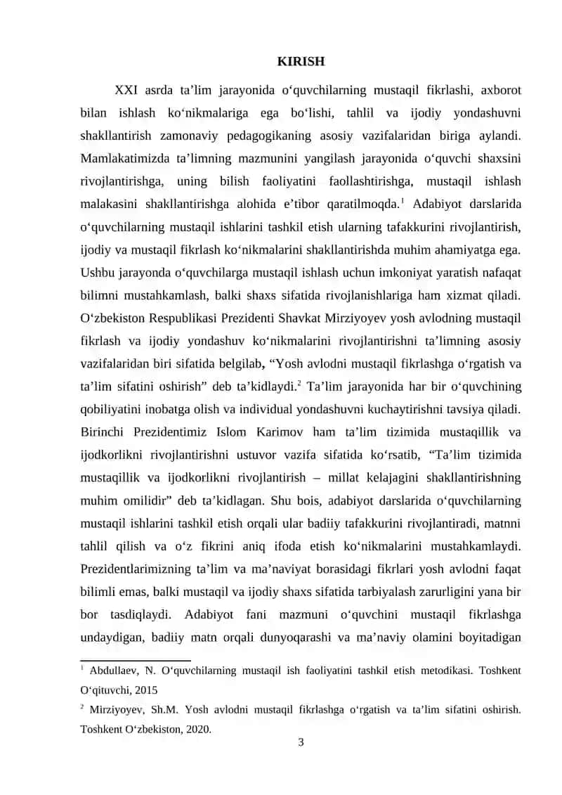 Adabiyot darslarida mustaqil ishlarini tashkil etish 3