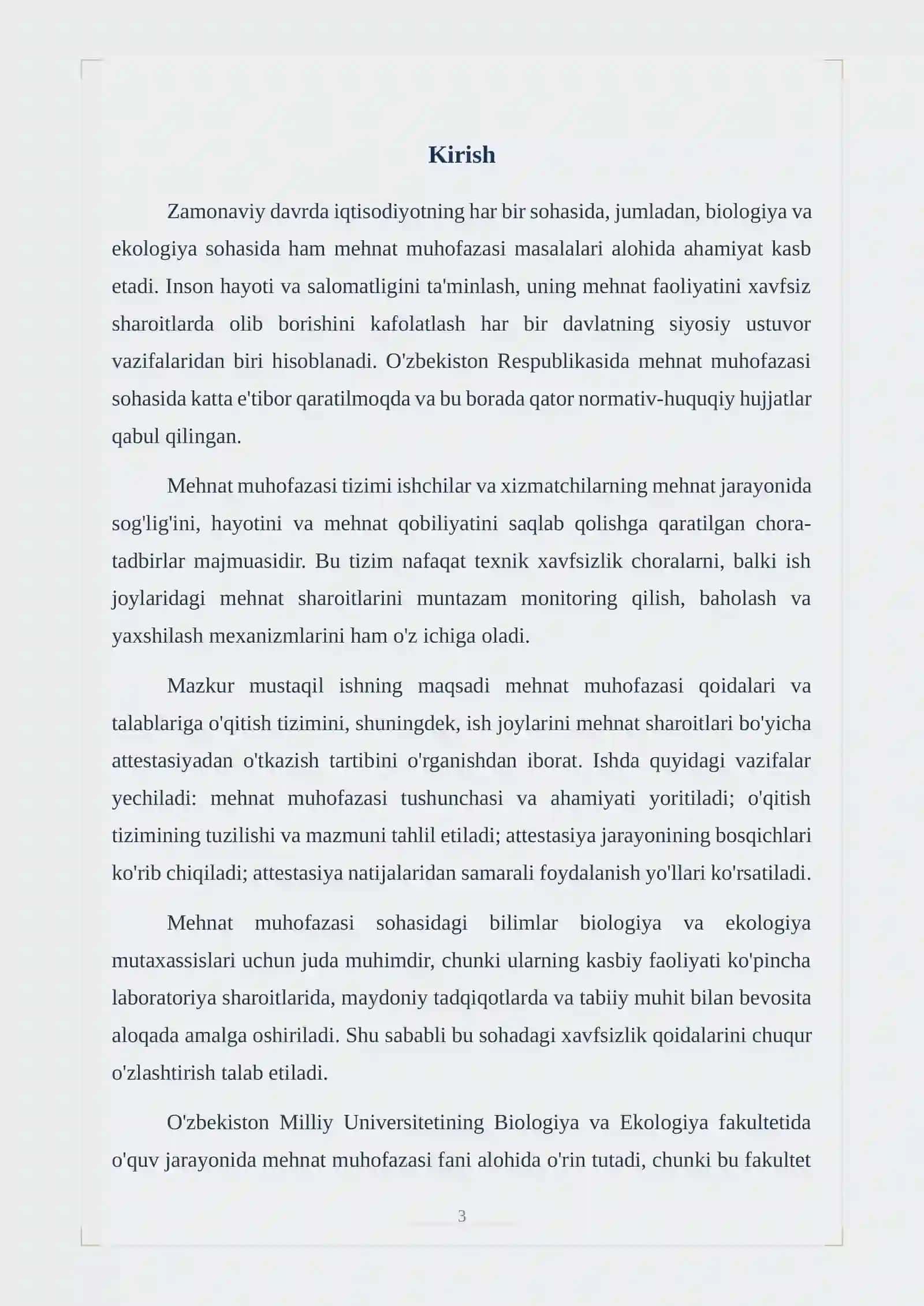 Mehnat muhofazasi qoidalari va talablariga o'qitish tizimi. Ish joylarini mehnat sharoitlari bo'yicha attestasiyadan o'tkazish tartibi 3