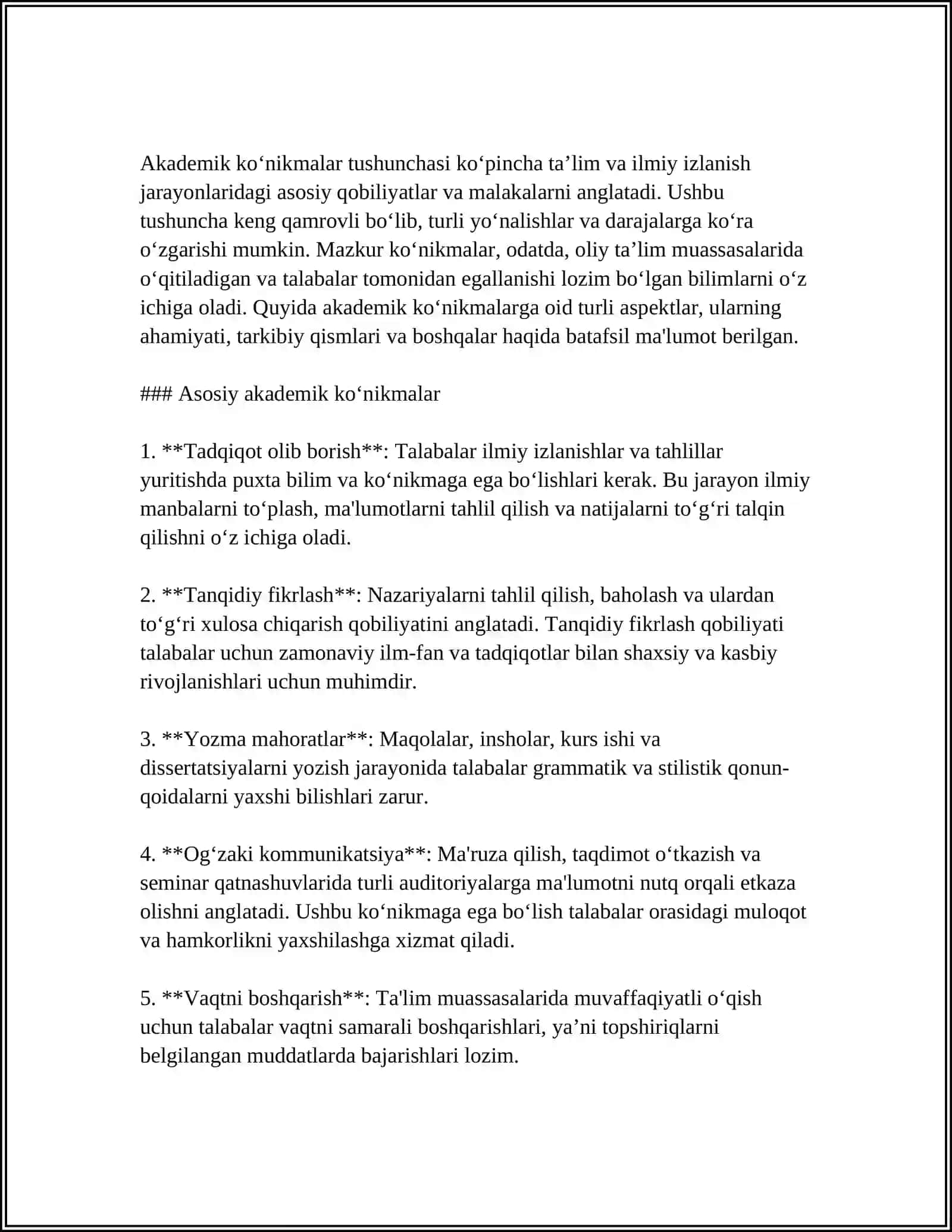 MUSTAQIL ISH Mavzu: AKADEMIK KOʻNIKMALARNING TALABALAR FAOLIYATIDAGI AHAMIYATI VA DOLZARBLIGI 3