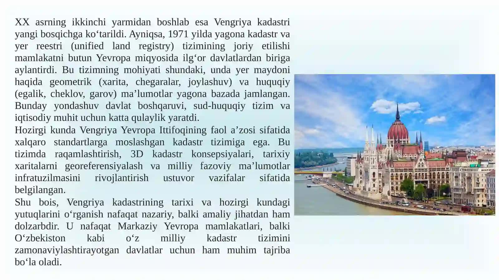 XORIJIY DAVLATLARDA KADASTR ISHLARINI YURITISH TAJRIBASINI O‘RGANISH VA ULARNI TAHRIR QILISH (Vengriya Xalq Respublikasi) 3