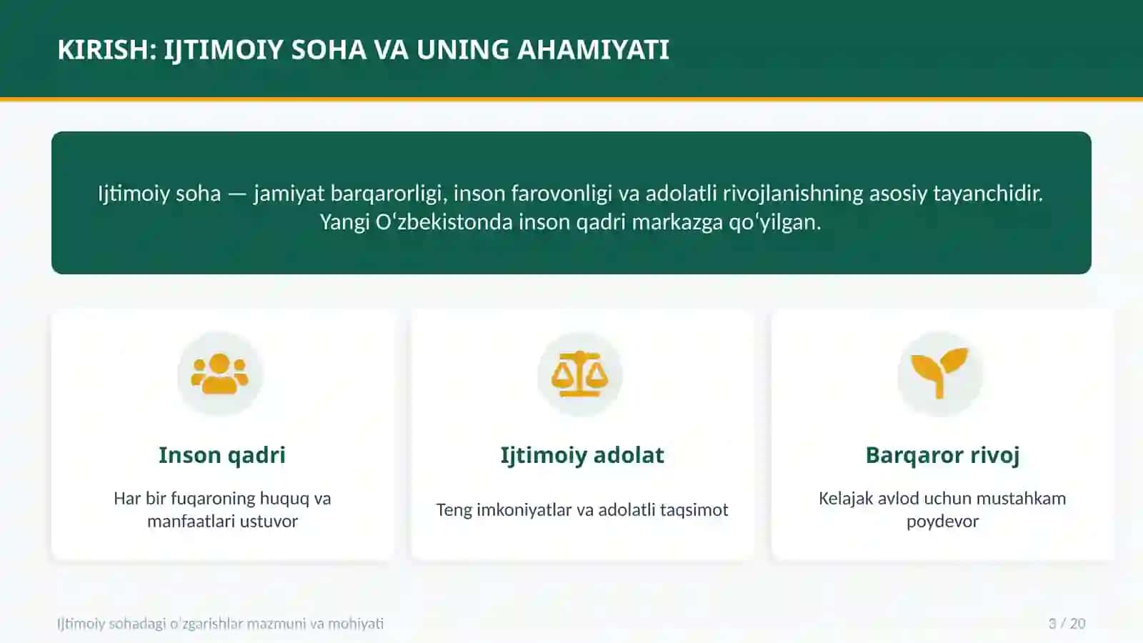 O‘ZBEKISTONDA IJTIMOIY SOHADA AMALGA OSHIRILAYOTGAN O‘ZGARISHLAR MAZMUNI VA MOHIYATI 3