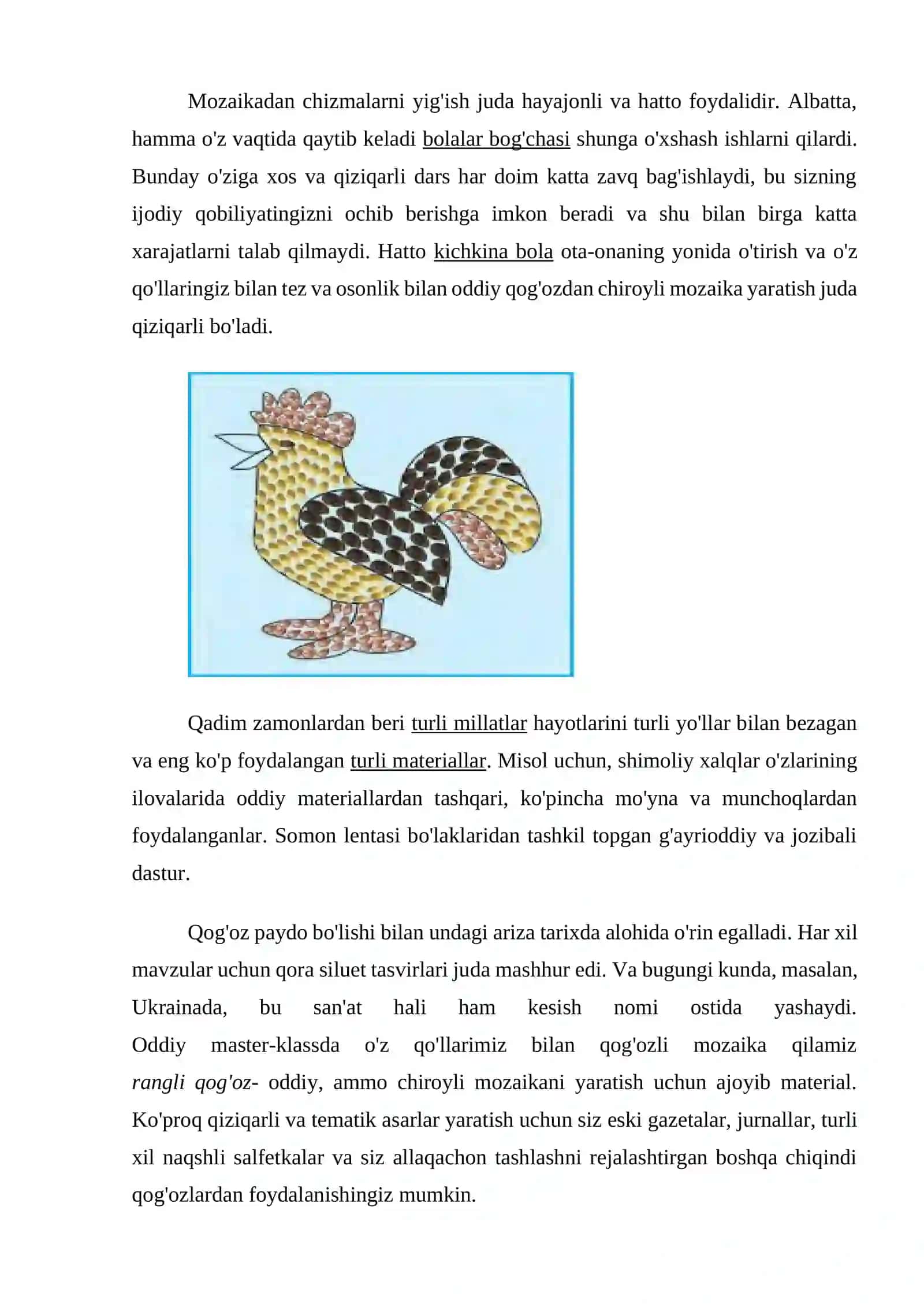 Tasviriy faoliyatga oʻrgatish metodikasi fanidan MMTda mozaika turlari 3