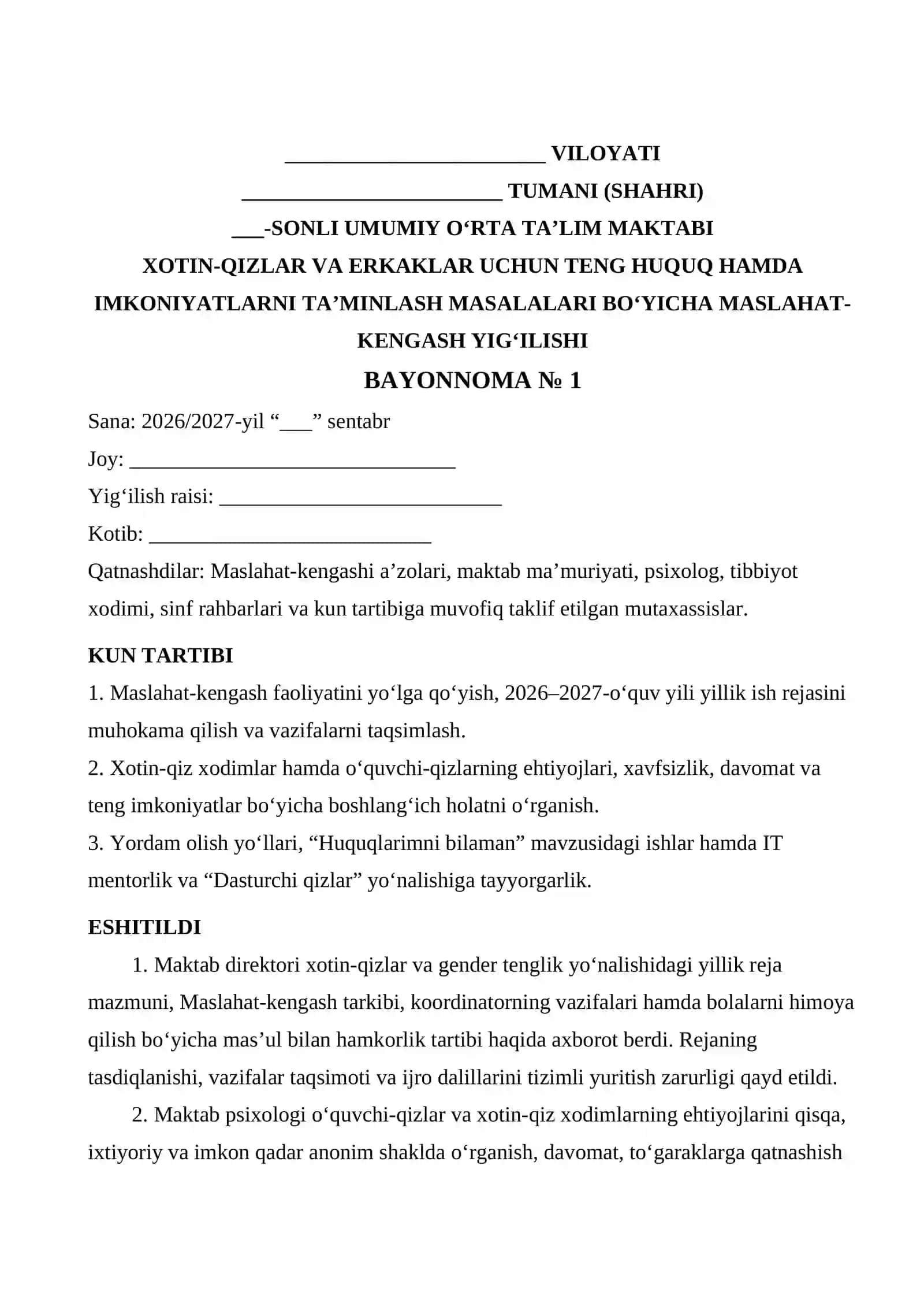 XOTIN-QIZLAR VA ERKAKLAR UCHUN TENG HUQUQ HAMDA IMKONIYATLARNI TA’MINLASH MASALALARI BO‘YICHA MASLAHAT-KENGASH YIG‘ILISHI BAYONNOMA 3