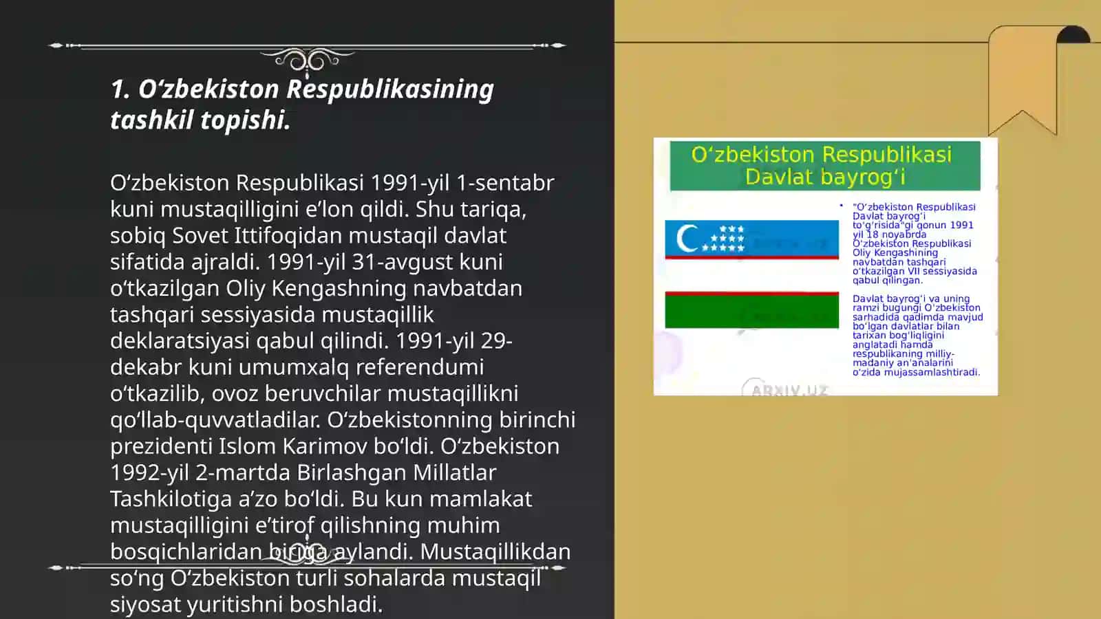 Òzbekiston Respublikasining Tashkil Topishi va uning tarixiy Ahamiyati.Òzbekistonning òziga xos istiqlol va Taraqqiyot yòli 3