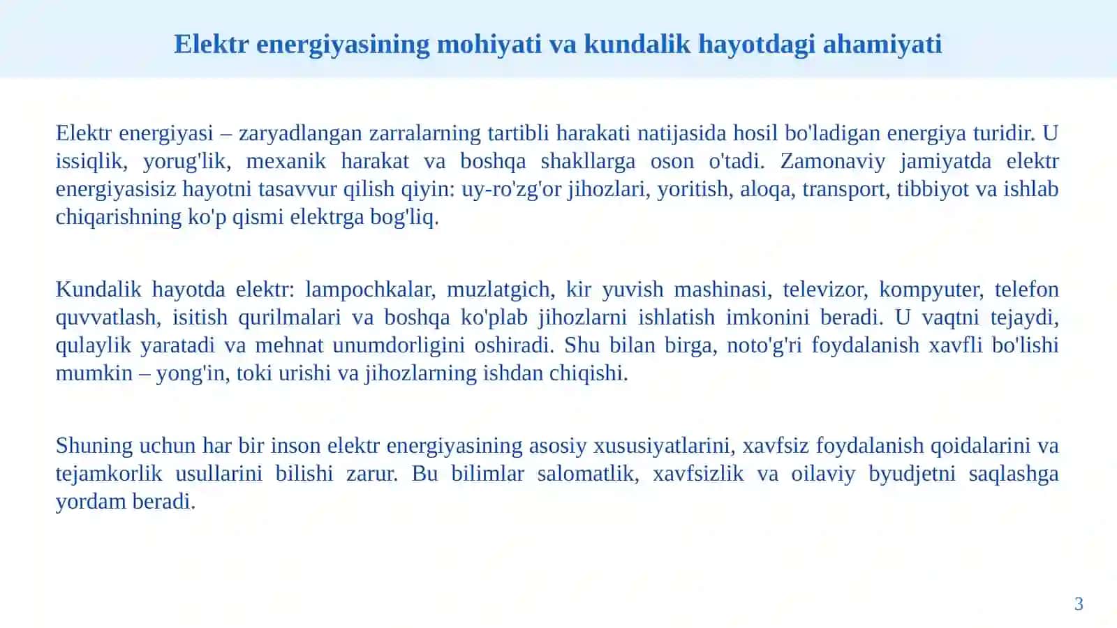 Elektr energiyasi va maishiy elektr jihozlaridan xavfsiz foydalanish 3