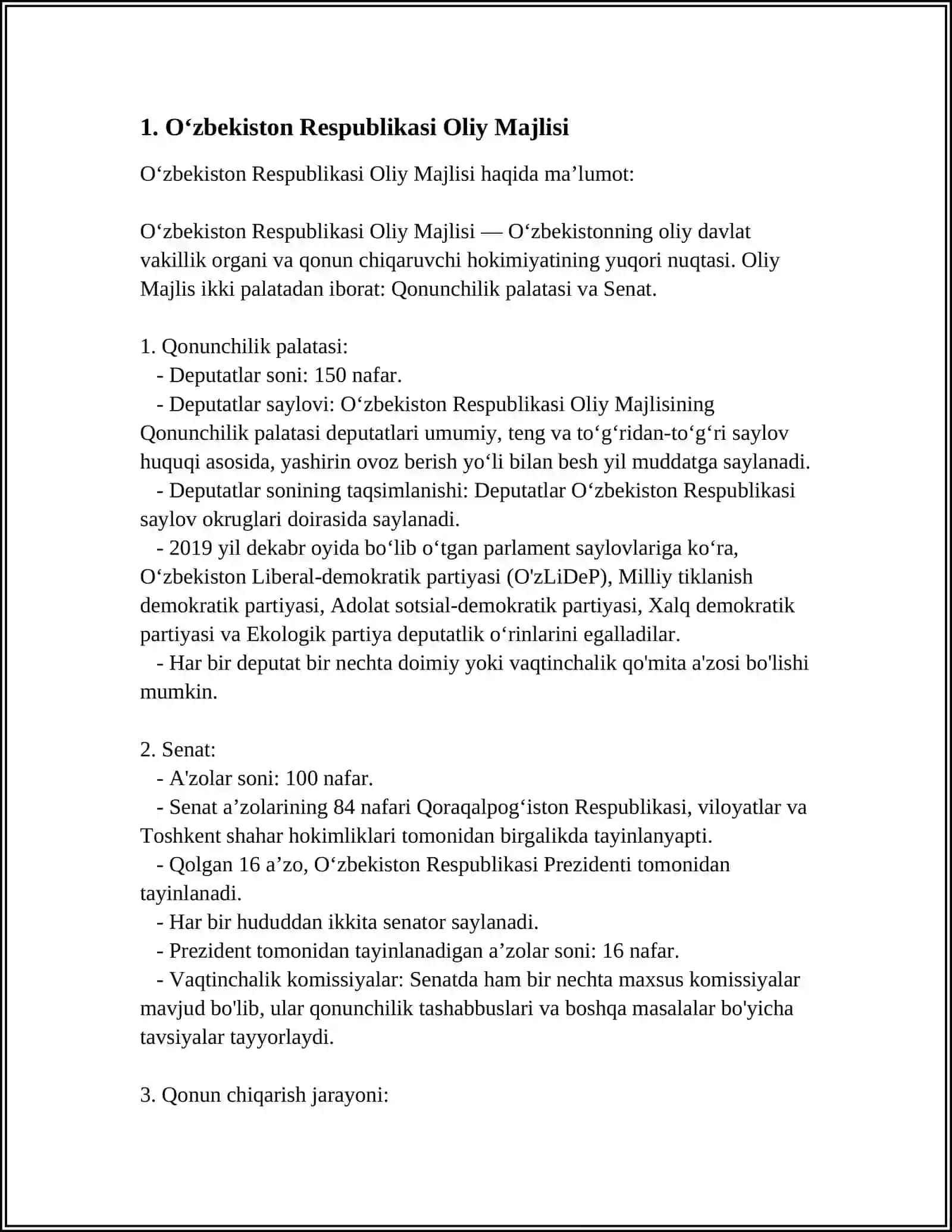 MUSTAQIL ISH Mavzu: OʻZBEKISTON RESPUBLIKASI PARLAMENT TIZIMI VA UNDAGI ISLOHOTLAR 3