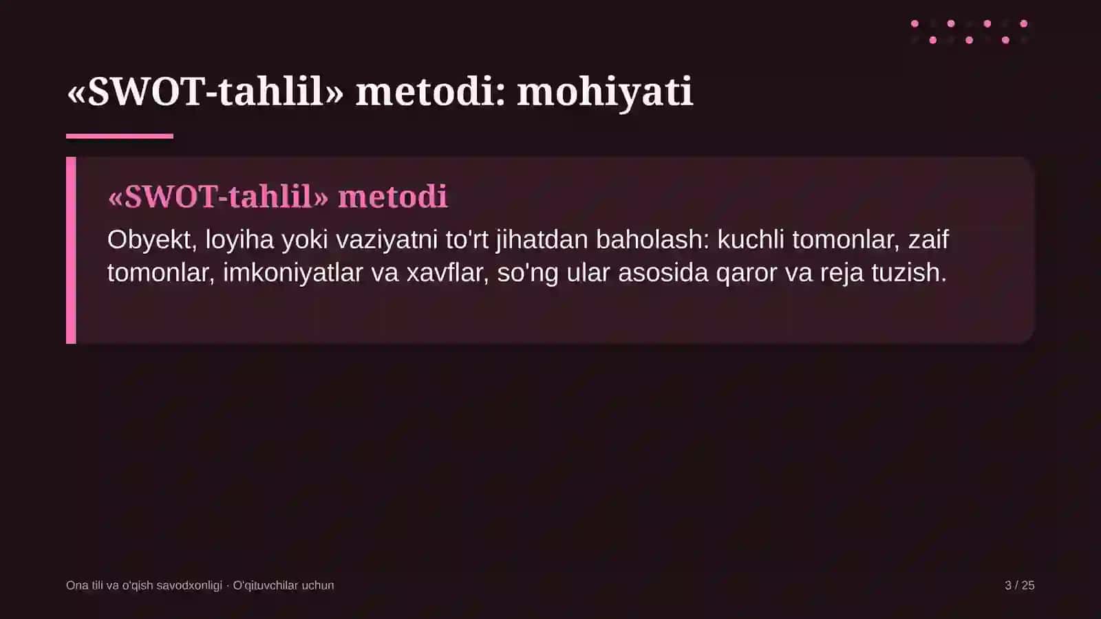 ona tili va o'qish savodxonligi darslarida swot tahlil metodidan foydalanish 1815 3
