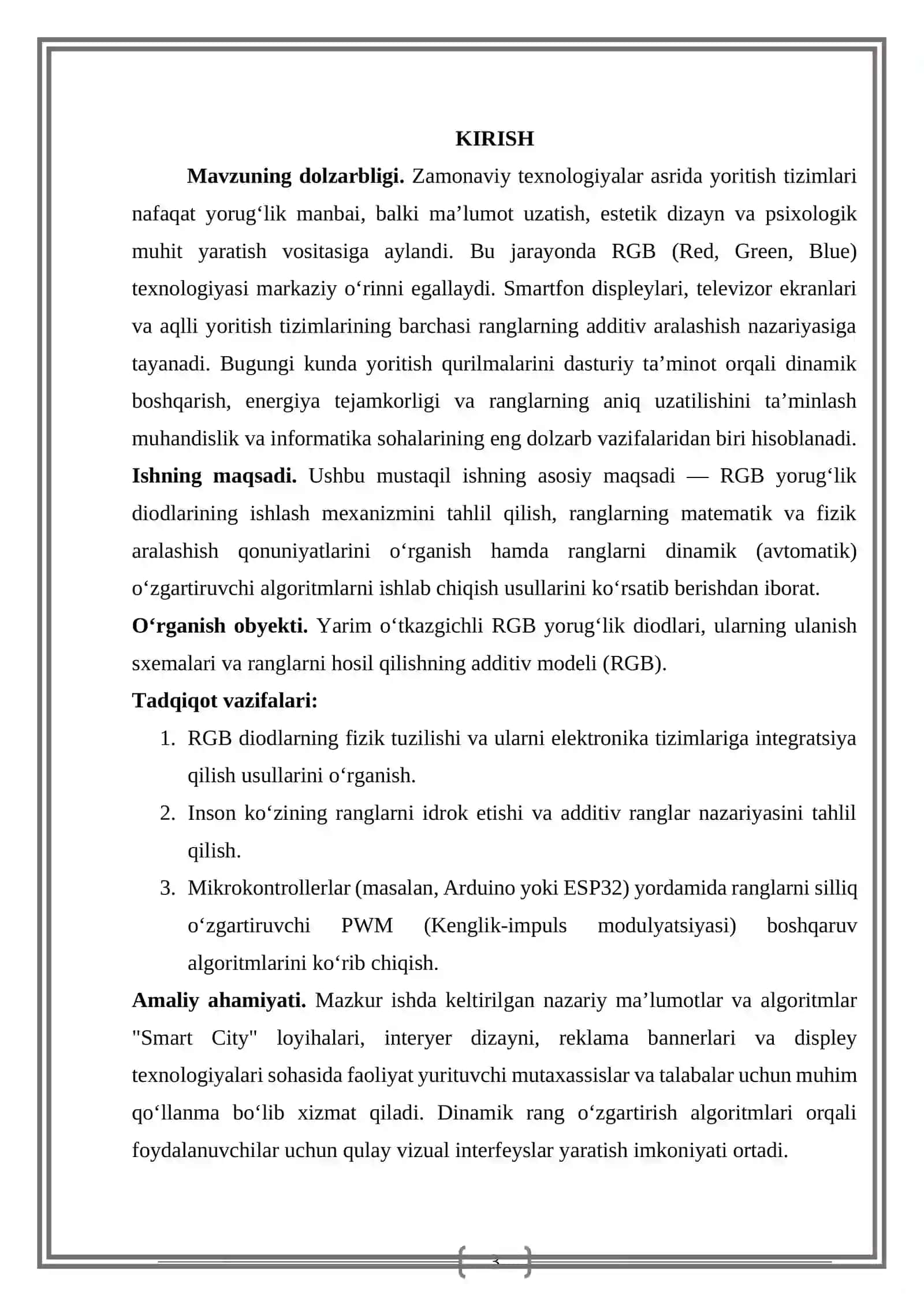 RGB yorug`lik diodlari. Ranglarning additiv aralashishi(red green blue )nazariyasi dinamik rang o`zgartiruvchi algoritm 3
