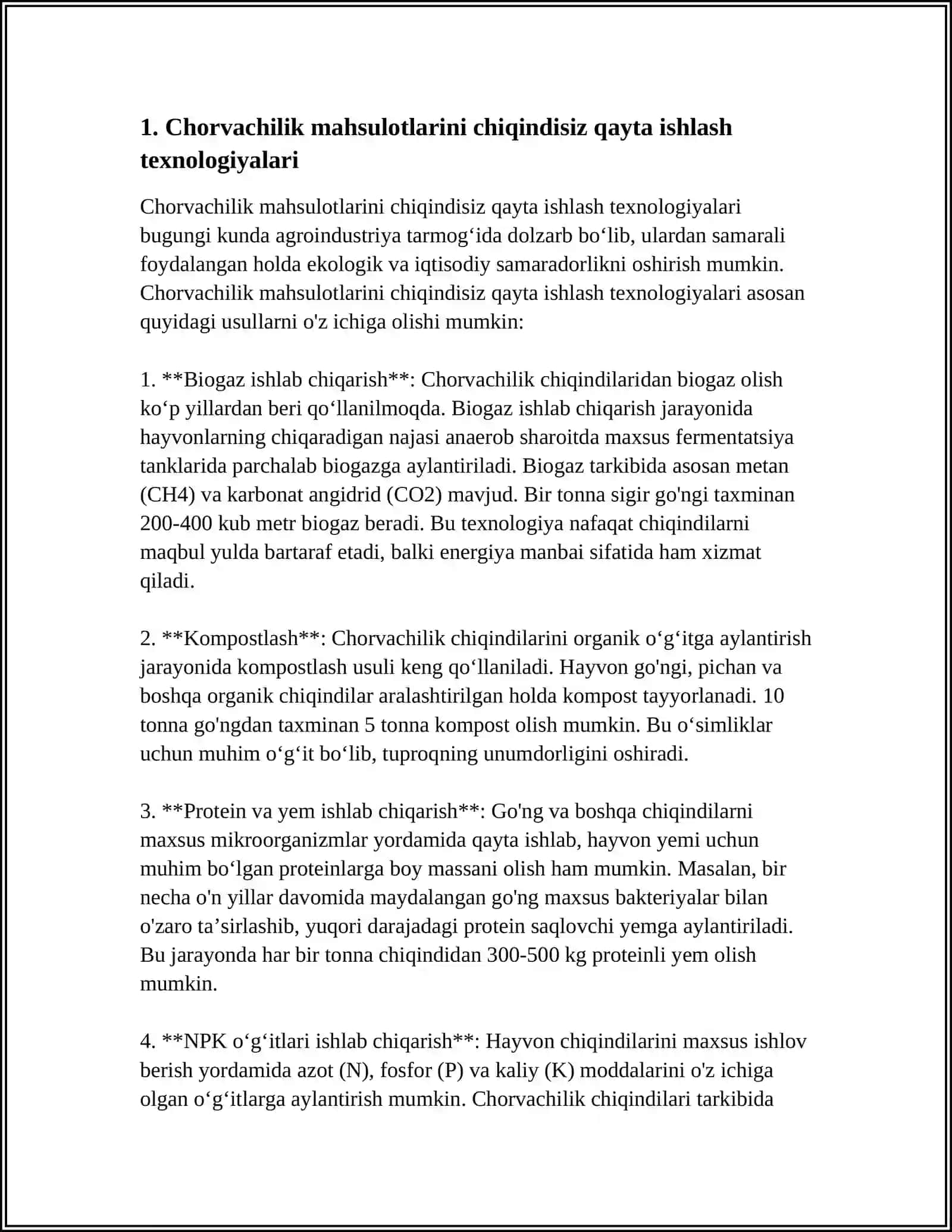 CHORVACHILIK MAHSULOTLARINI CHIQINDISIZ QAYTA ISHLASHNI RIVOJLANTIRISH MUAMMOLARI VA ISTIQBOLLARI 3