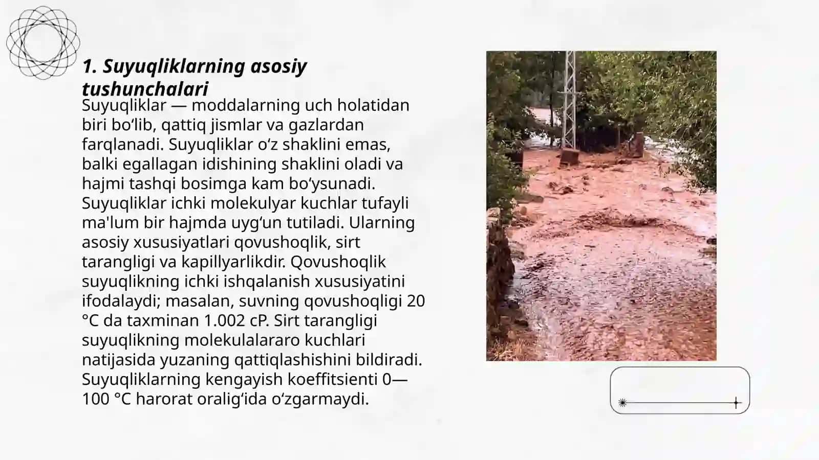 Suyuqliklar haqida tushuncha Suyuqliklarni fizik xossalariga binoan tanlash Suyuqliklarga tasir etuvchi kuchlarni taxlil qilish 3