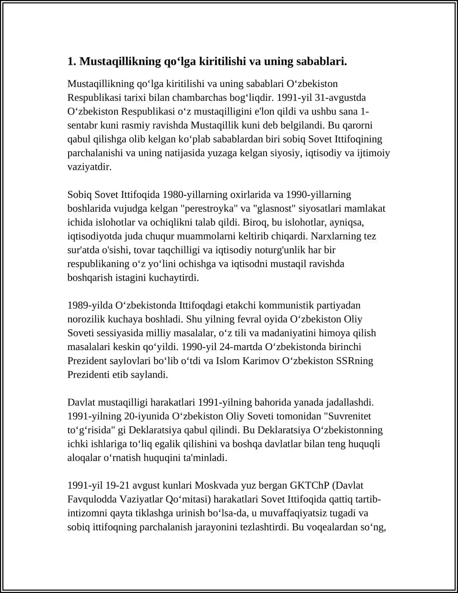 MUSTAQIL O‘ZBEKISTON RESPUBLIKASI TASHKIL TOPISHINING TARIXIY AHAMIYATI 3
